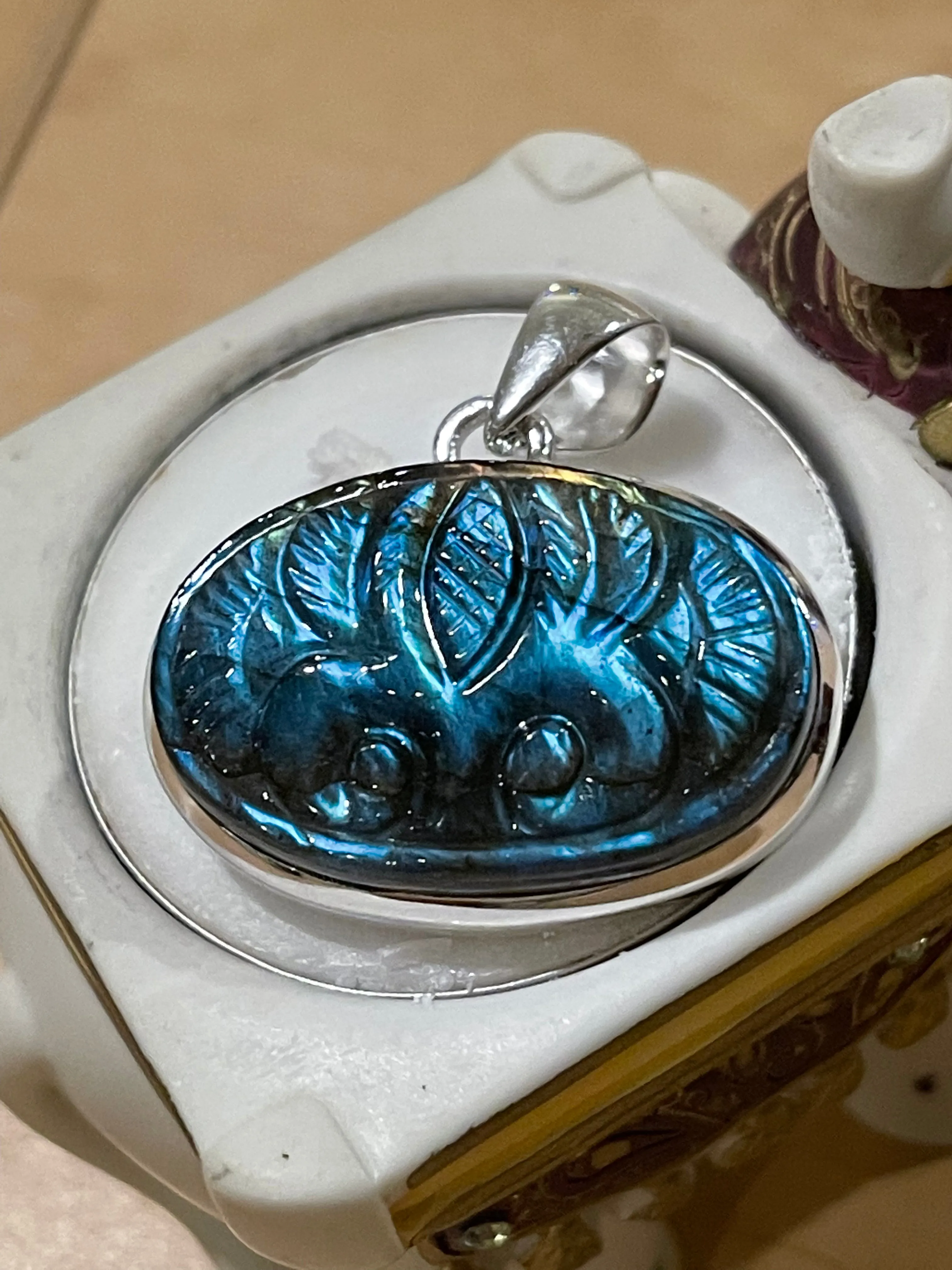 Natural Blue Labradorite 925 Sterling Silver Handcarved Pendant 30mm