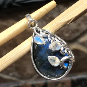 Natural Blue Labradorite, Moonstone 925 Sterling Silver Pendant 35mm