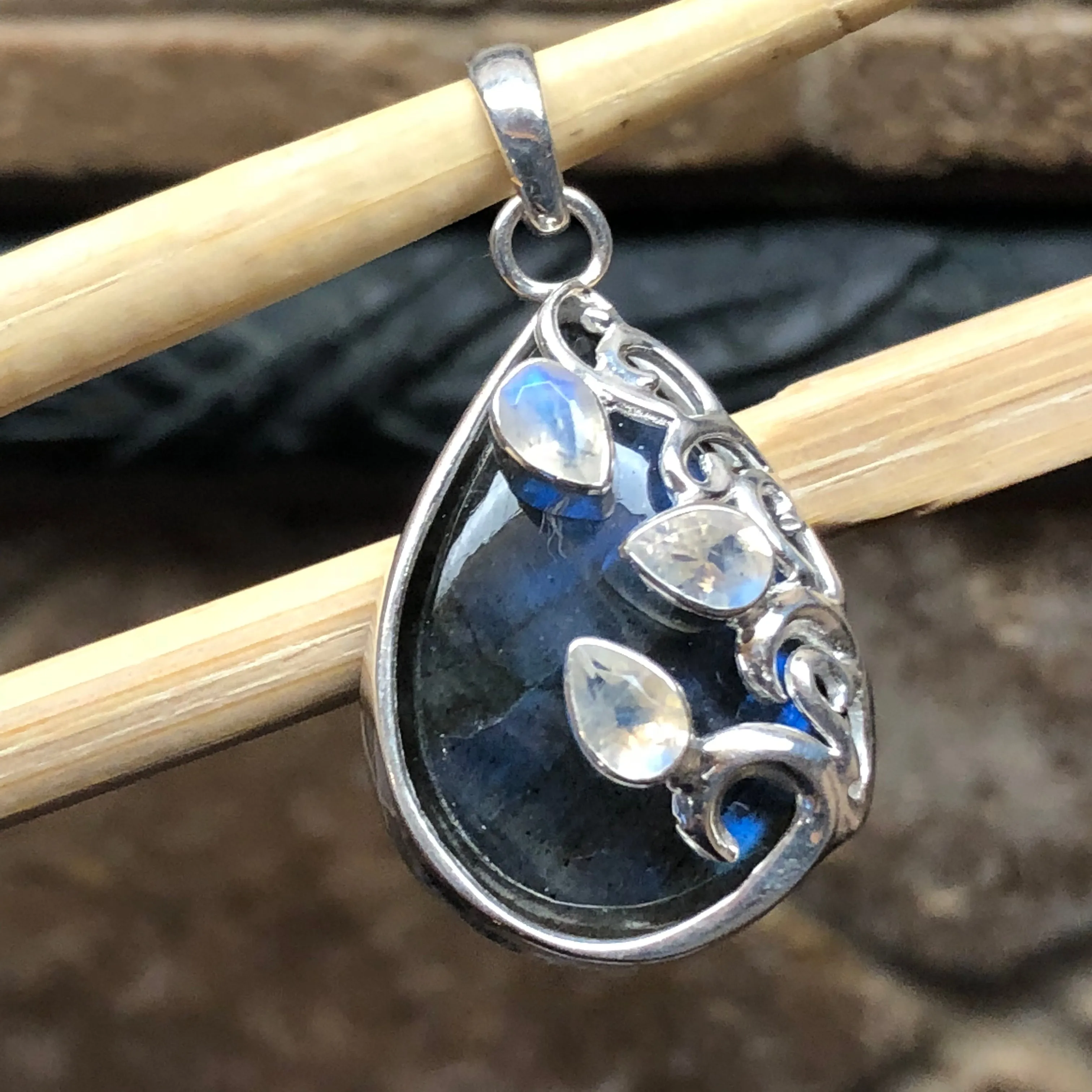 Natural Blue Labradorite, Moonstone 925 Sterling Silver Pendant 35mm