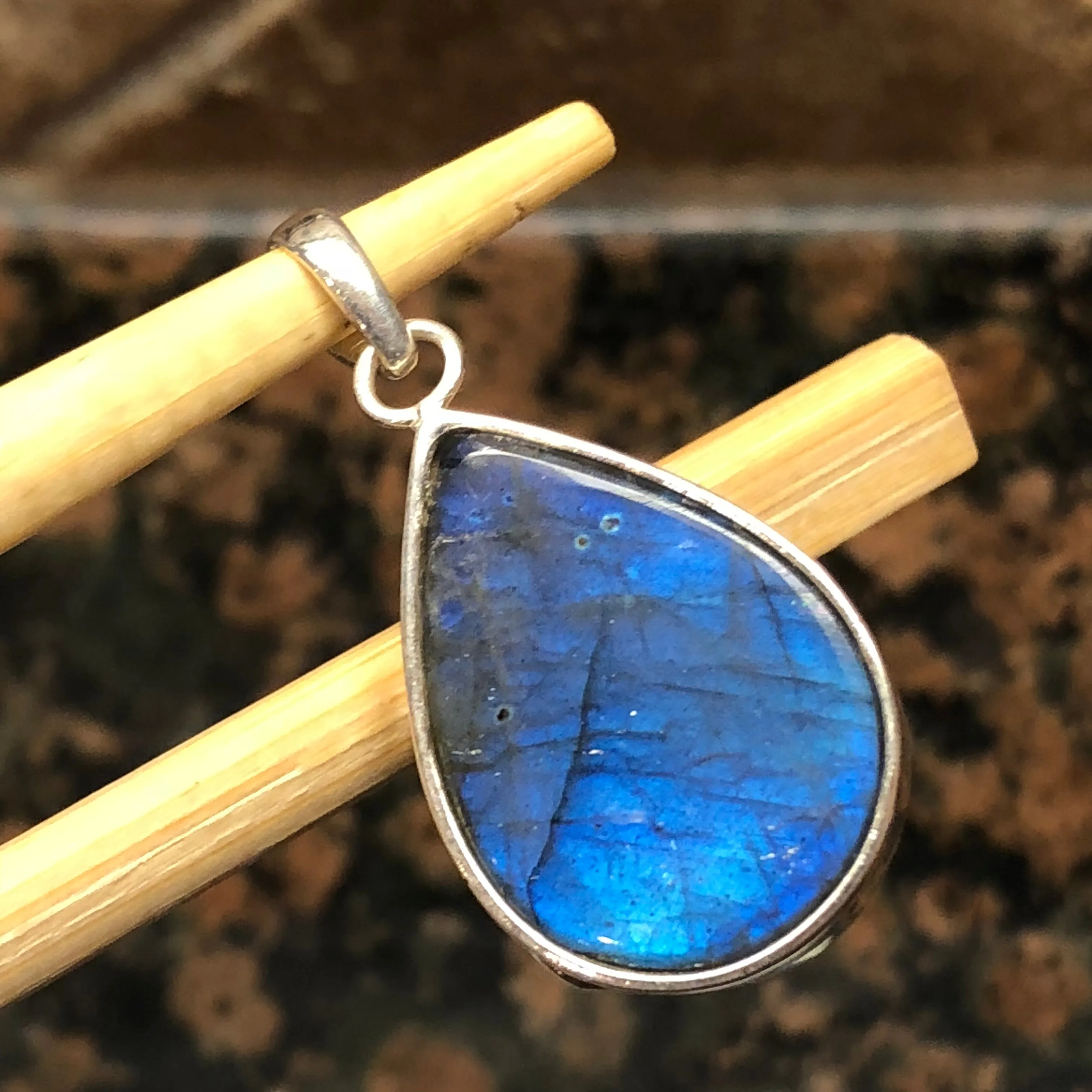 Natural Blue Labradorite, Moonstone 925 Sterling Silver Pendant 35mm