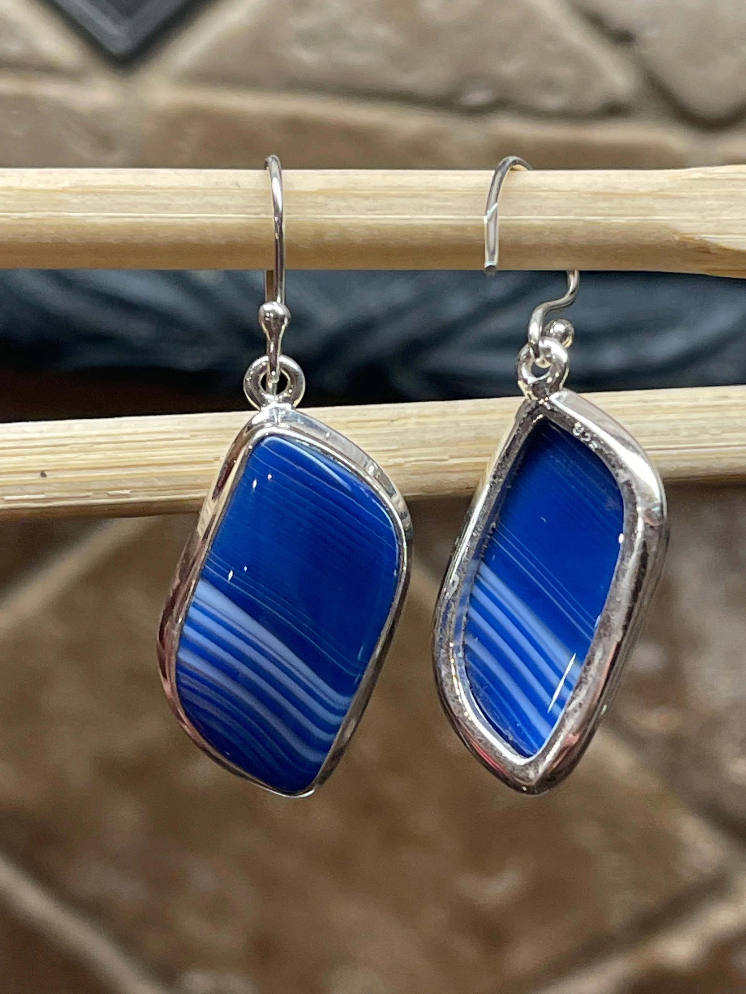 Natural Blue Lace Agate 925 Solid Sterling Silver Earrings 40mm