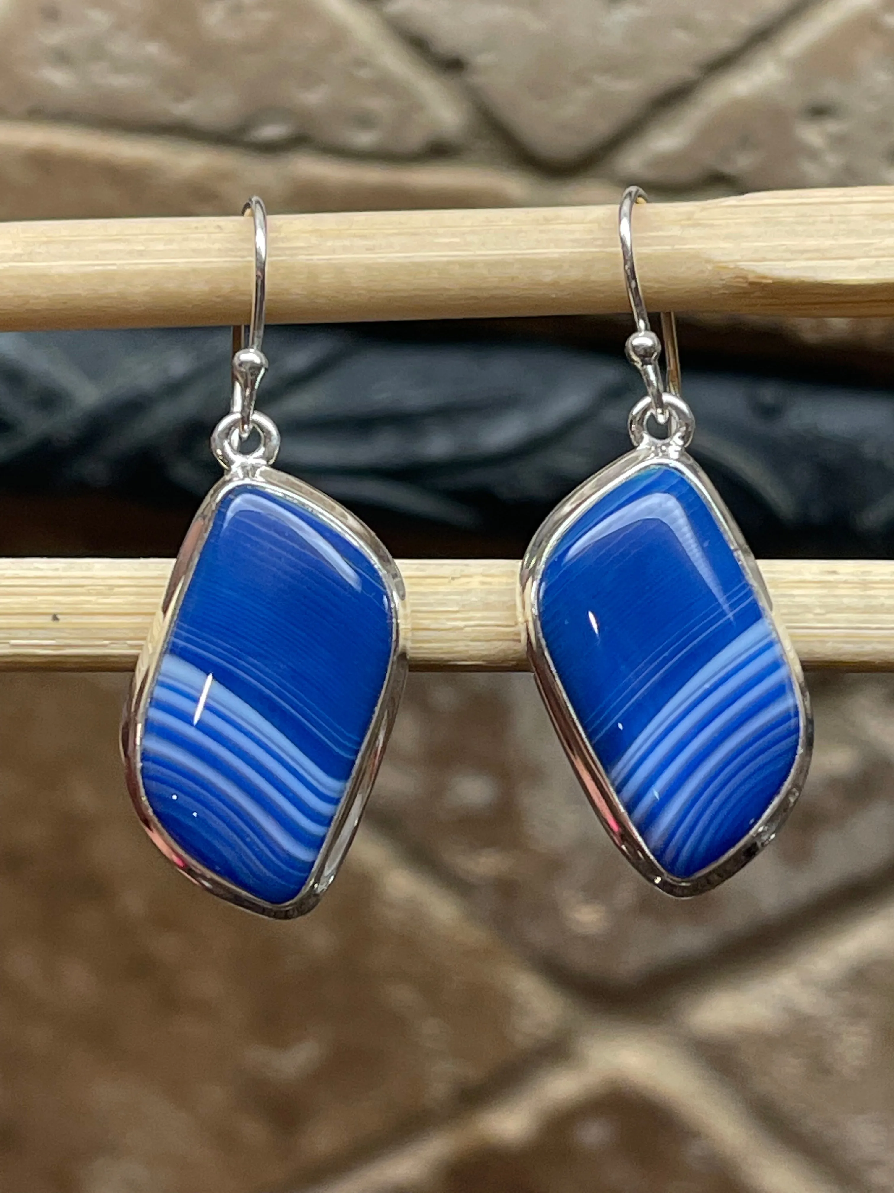 Natural Blue Lace Agate 925 Solid Sterling Silver Earrings 40mm