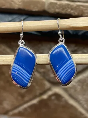 Natural Blue Lace Agate 925 Solid Sterling Silver Earrings 40mm