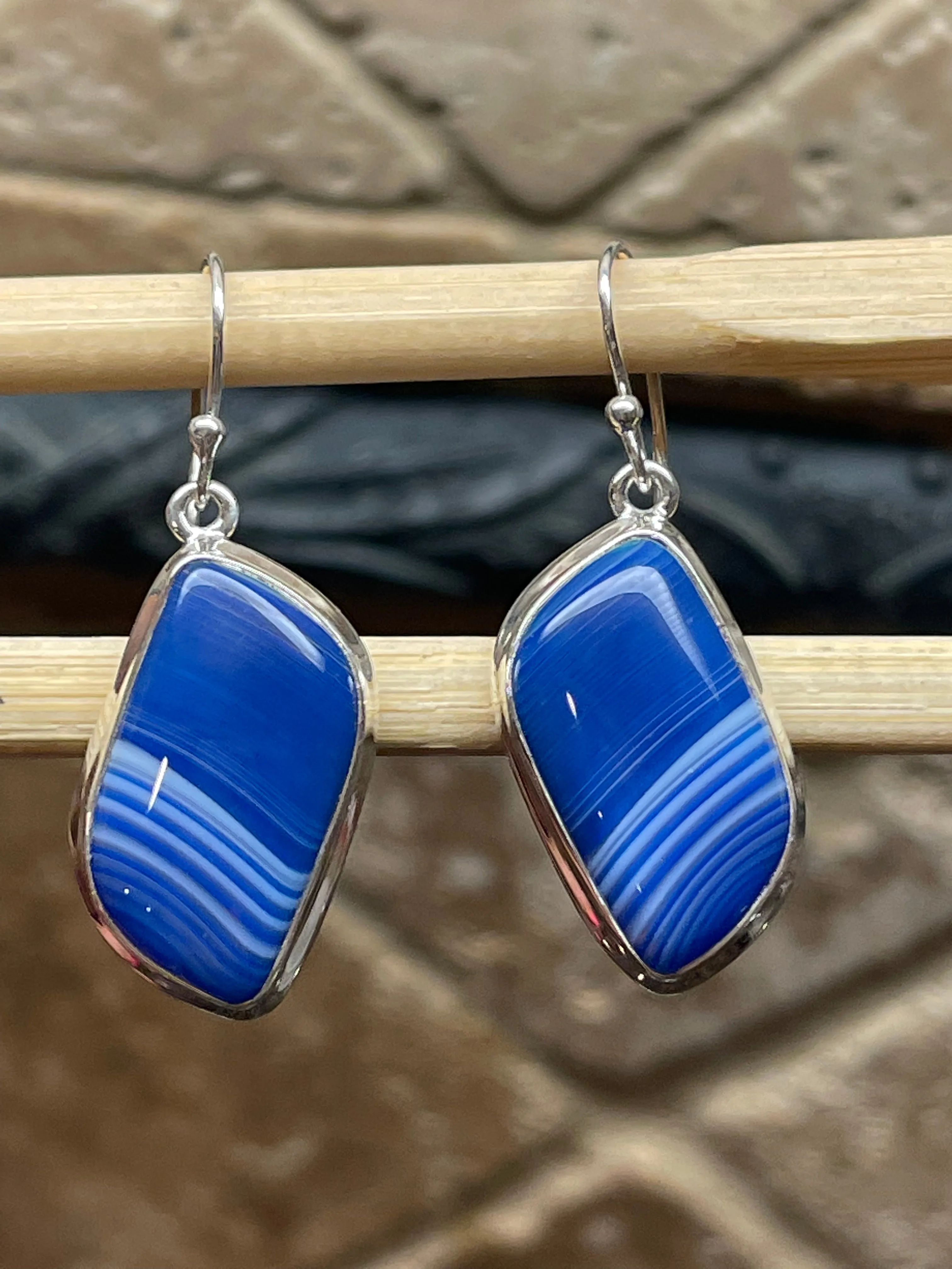 Natural Blue Lace Agate 925 Solid Sterling Silver Earrings 40mm