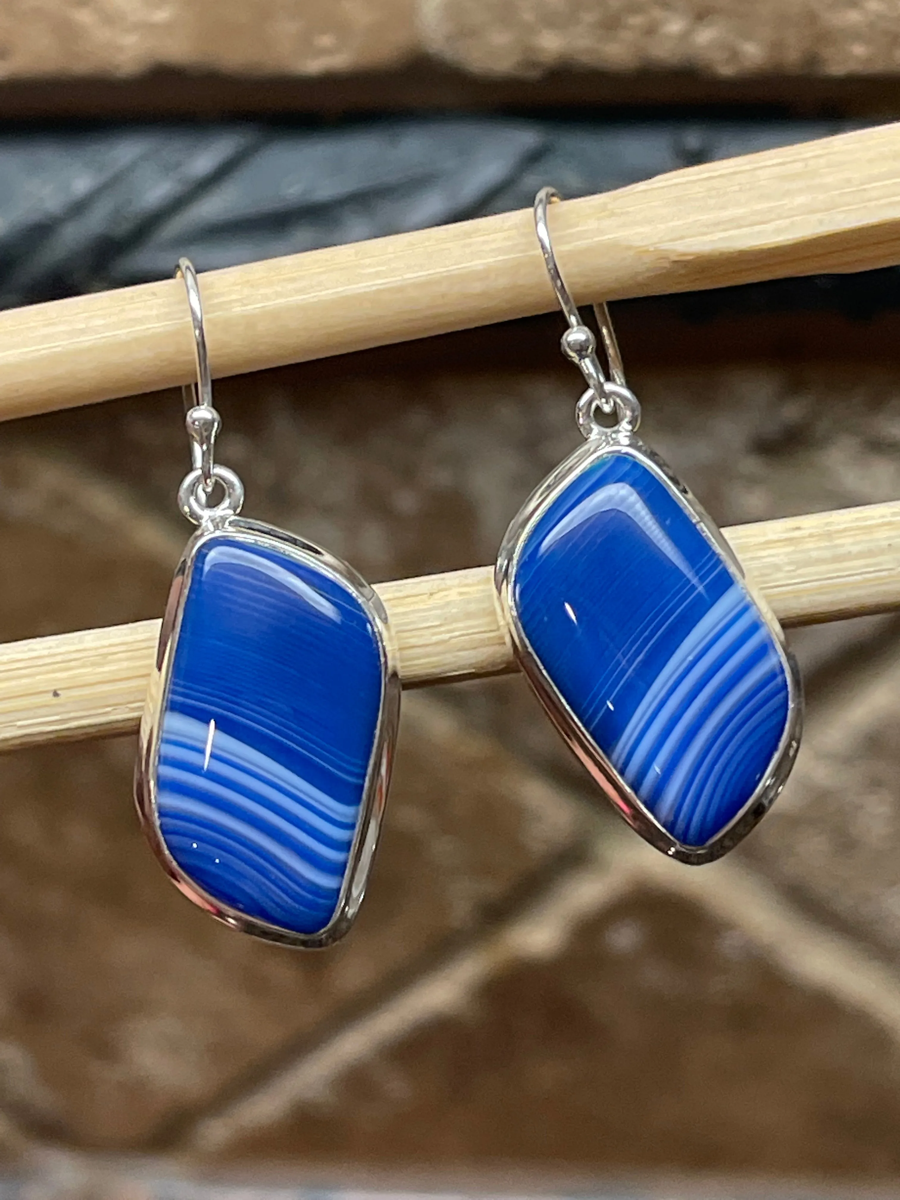 Natural Blue Lace Agate 925 Solid Sterling Silver Earrings 40mm