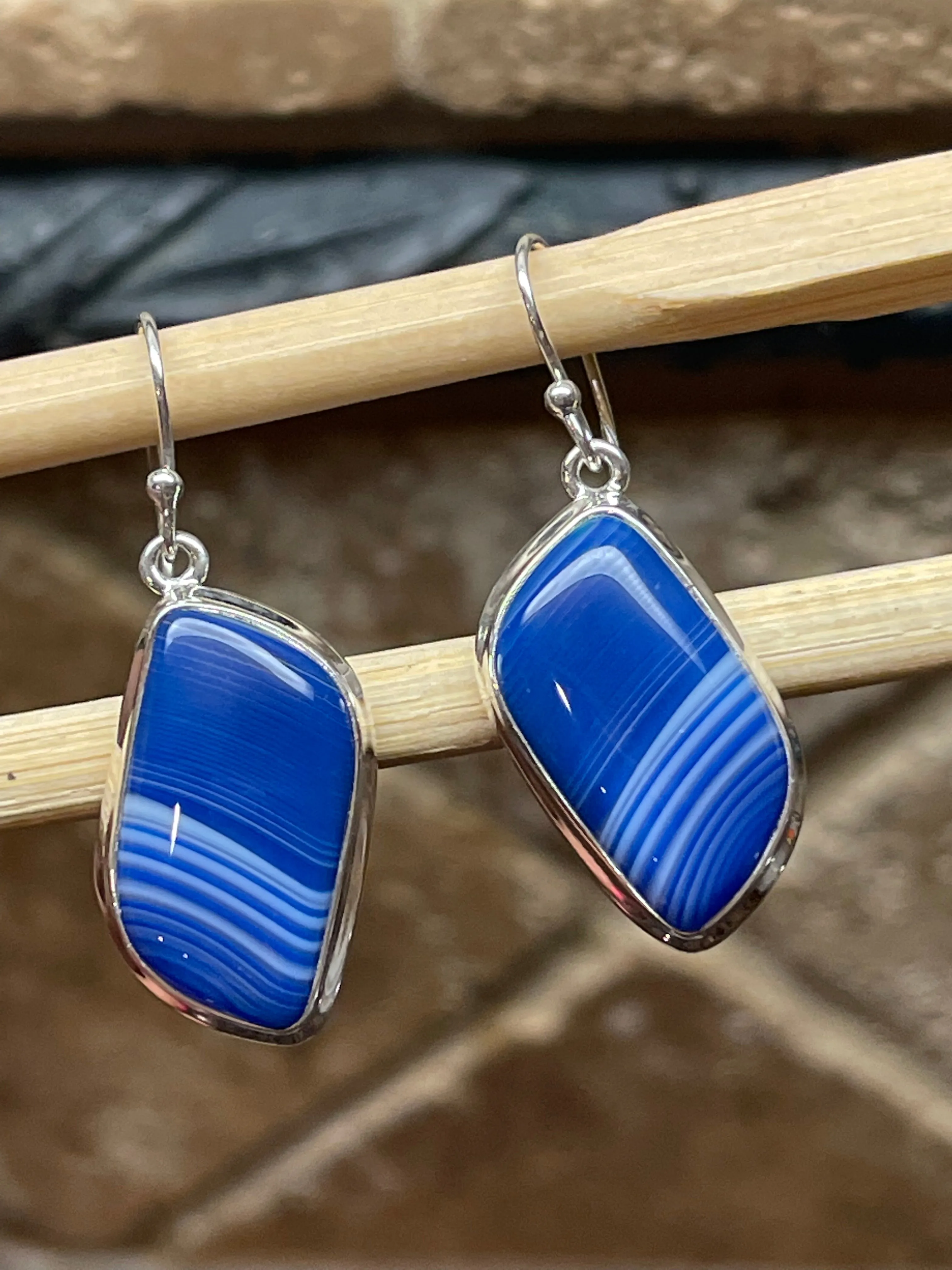 Natural Blue Lace Agate 925 Solid Sterling Silver Earrings 40mm