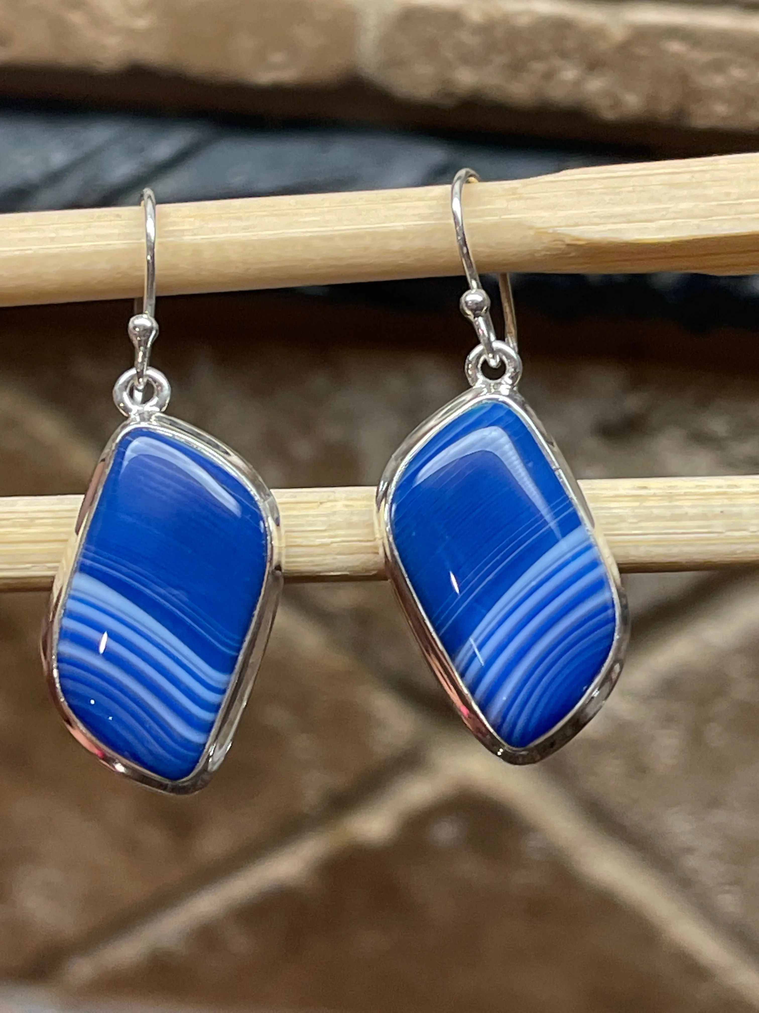 Natural Blue Lace Agate 925 Solid Sterling Silver Earrings 40mm