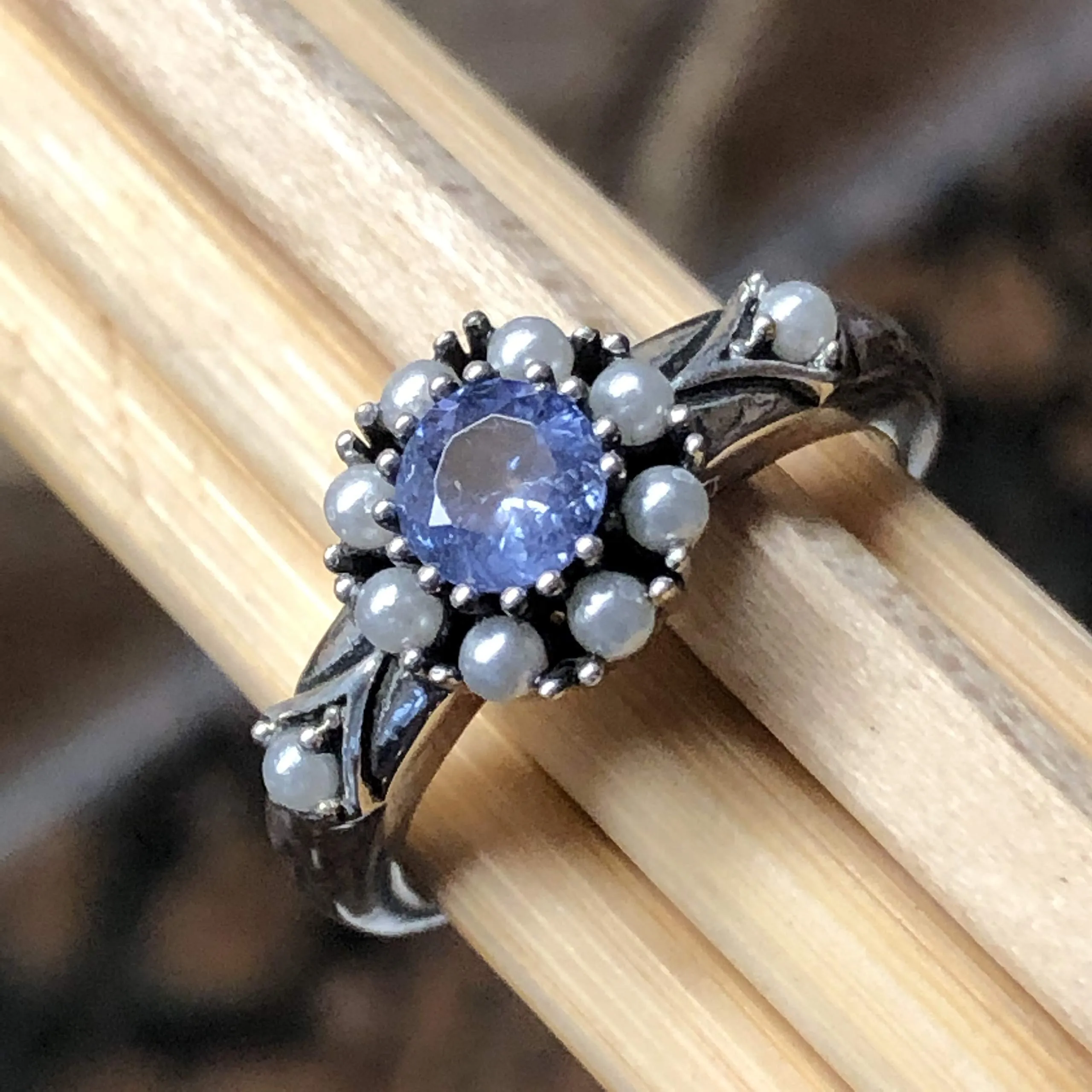 Natural Blue Tanzanite, Pearl 925 Solid Sterling Silver Engagement Ring Size 6, 7, 8, 9