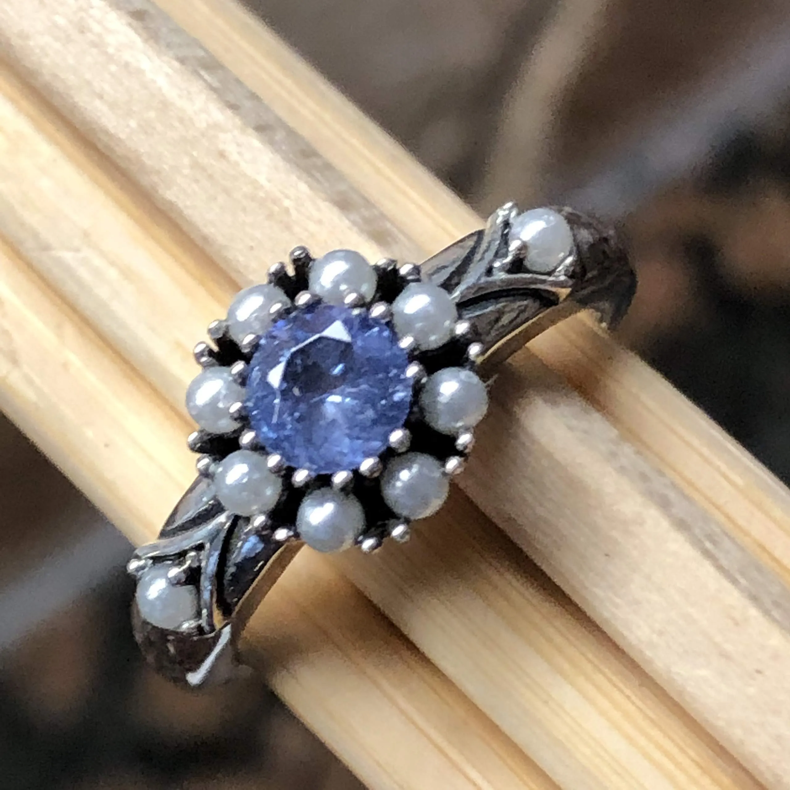 Natural Blue Tanzanite, Pearl 925 Solid Sterling Silver Engagement Ring Size 6, 7, 8, 9