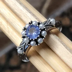 Natural Blue Tanzanite, Pearl 925 Solid Sterling Silver Engagement Ring Size 6, 7, 8, 9