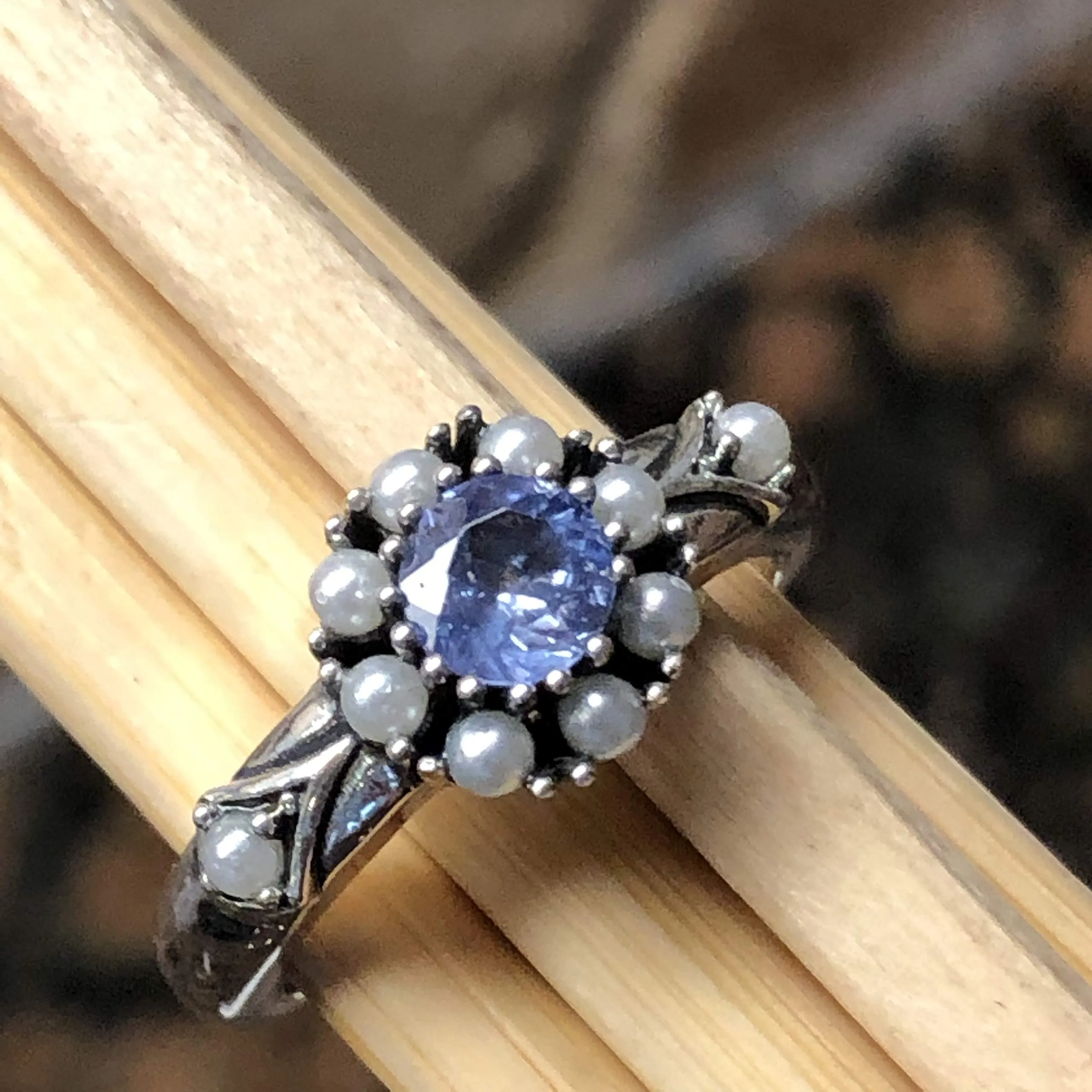 Natural Blue Tanzanite, Pearl 925 Solid Sterling Silver Engagement Ring Size 6, 7, 8, 9