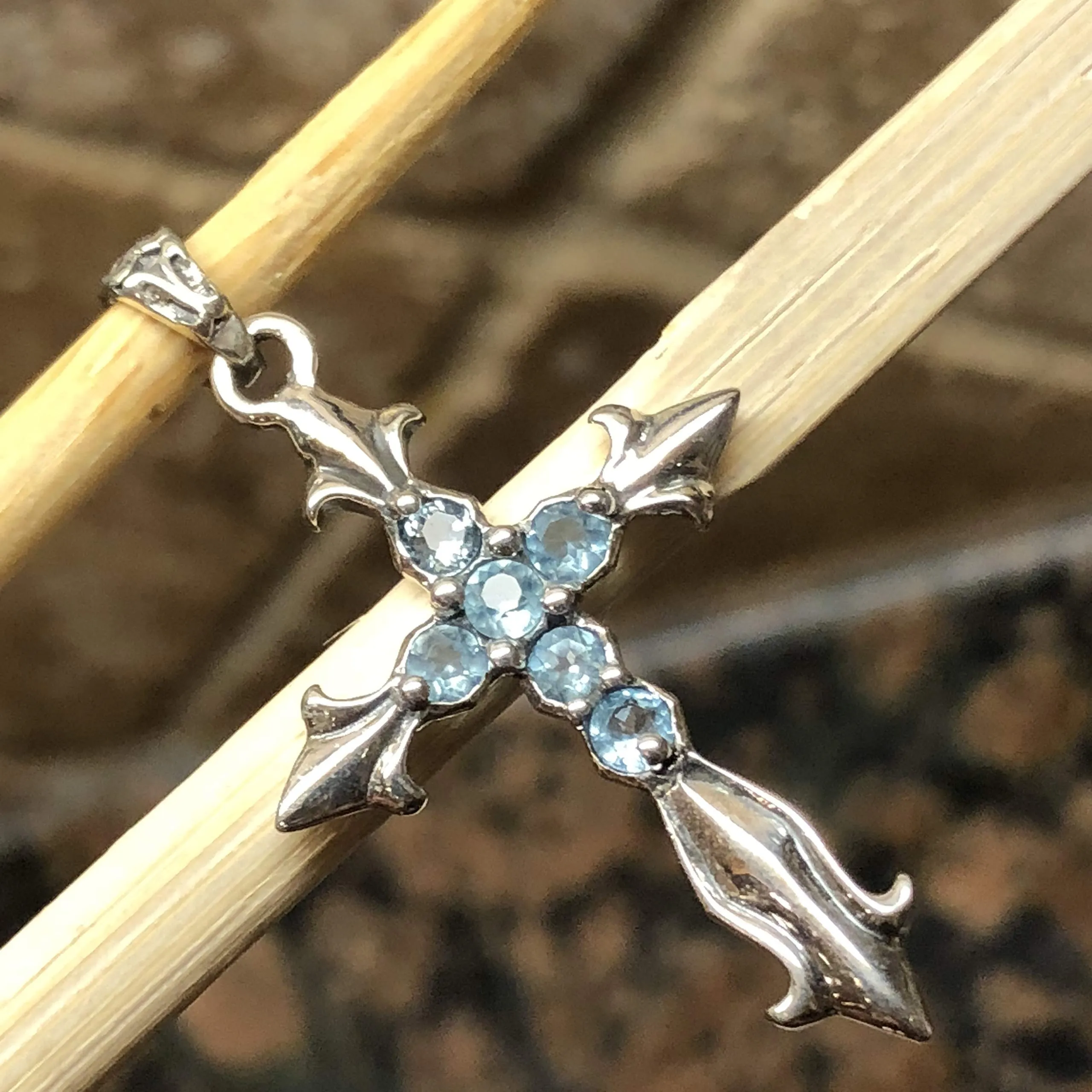 Natural Blue Topaz 925 Solid Sterling Silver Cross Pendant 40mm