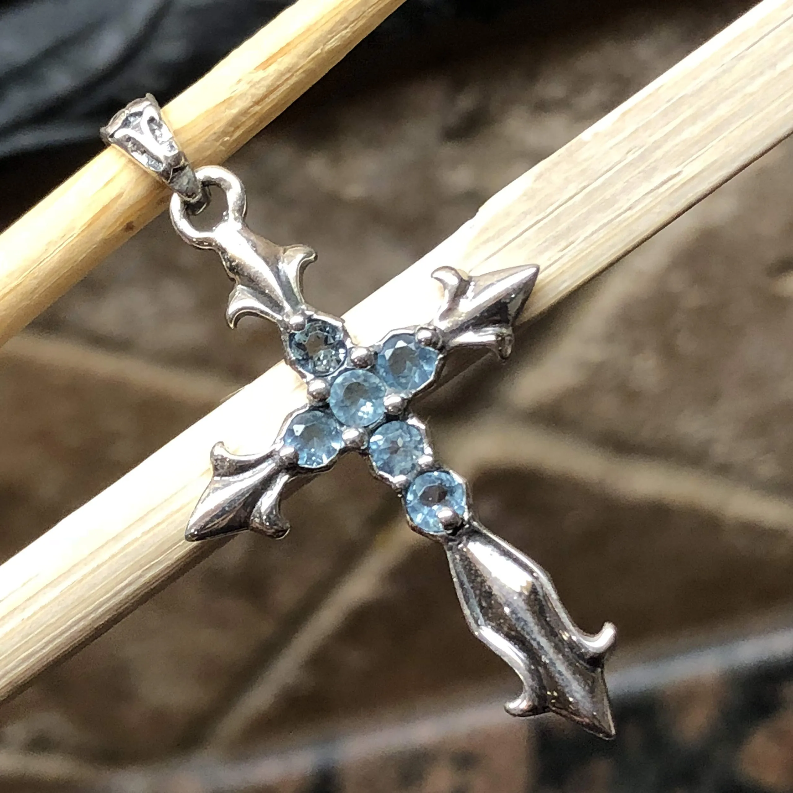 Natural Blue Topaz 925 Solid Sterling Silver Cross Pendant 40mm