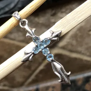Natural Blue Topaz 925 Solid Sterling Silver Cross Pendant 40mm
