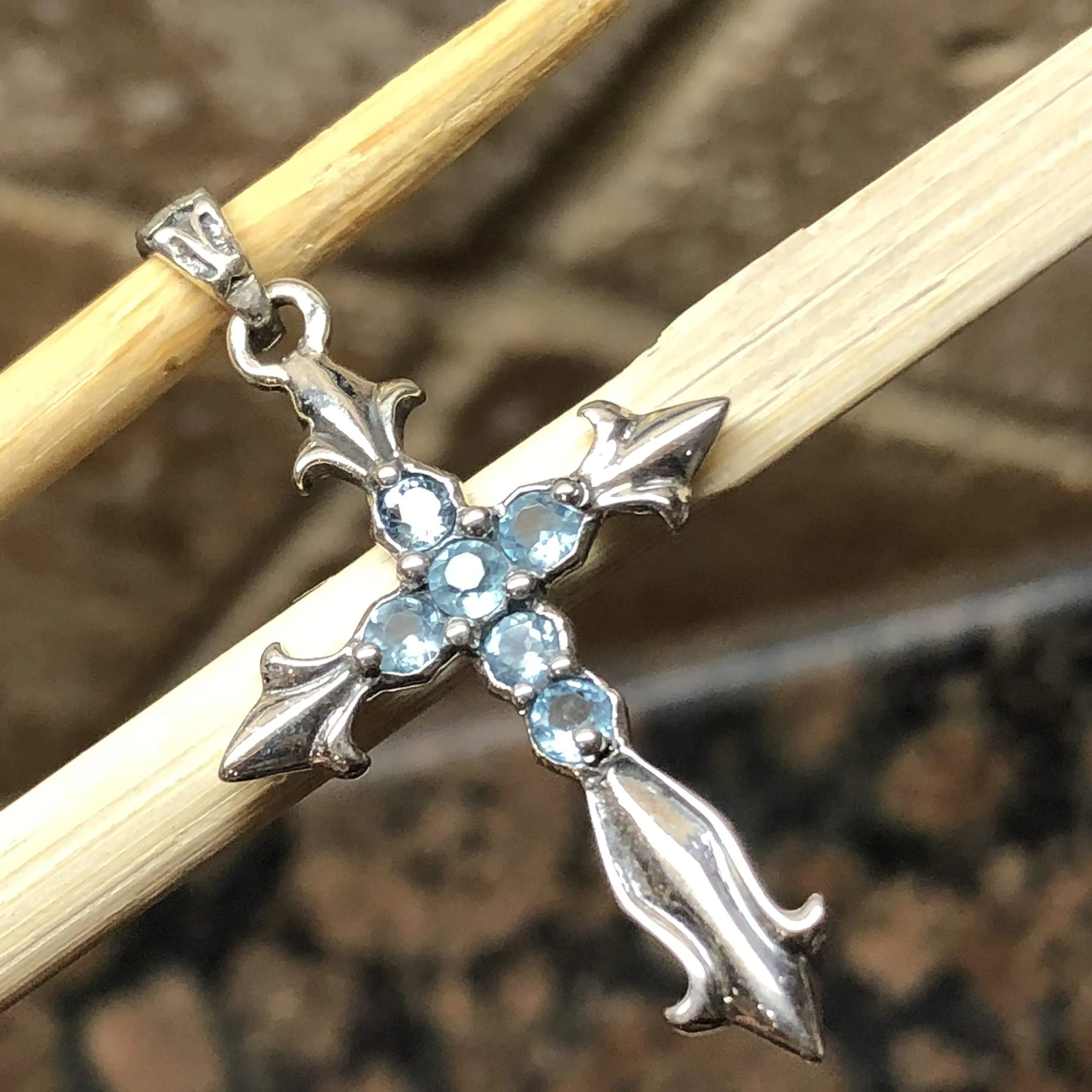 Natural Blue Topaz 925 Solid Sterling Silver Cross Pendant 40mm
