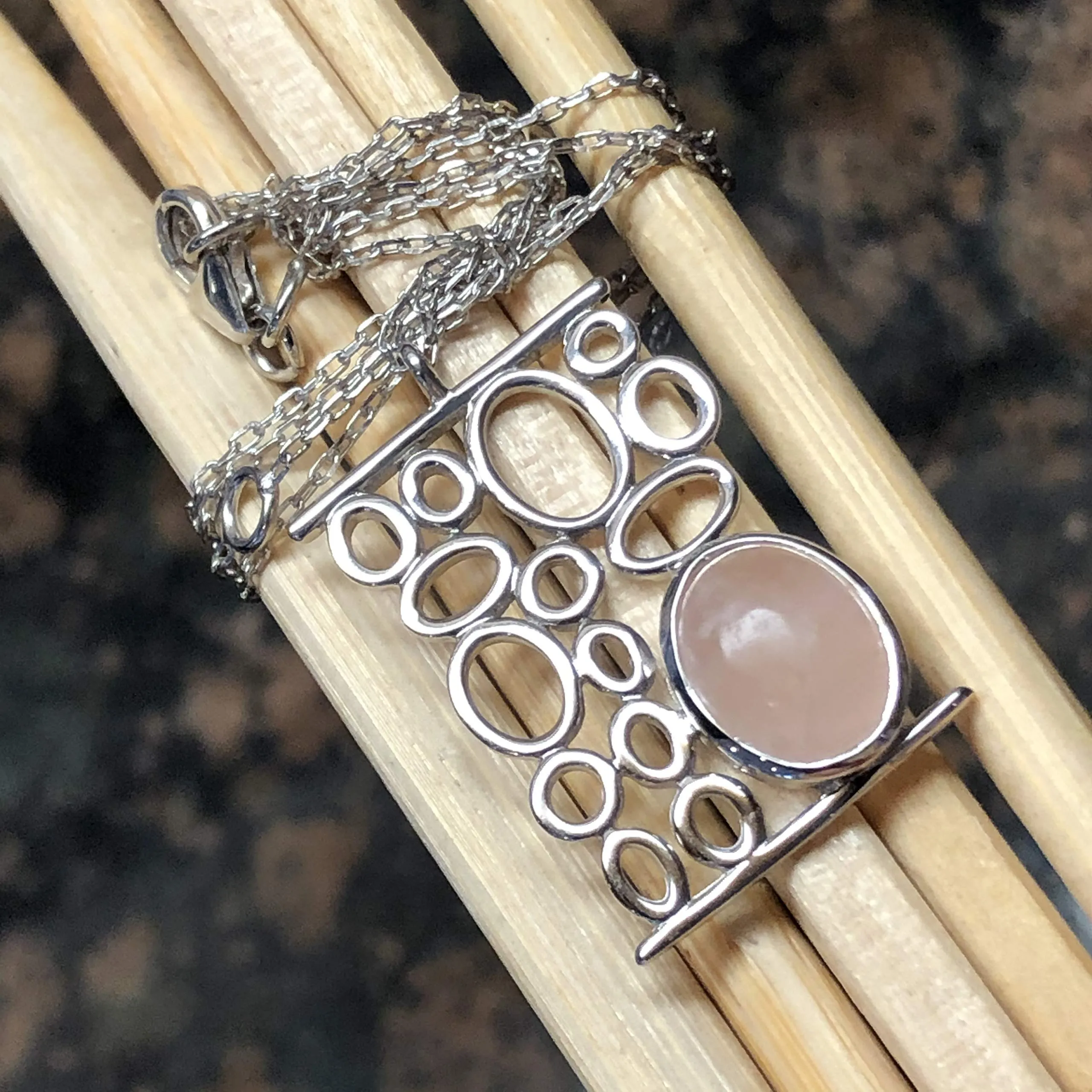 Natural Cabochan Pink Rose Quartz 925 Solid Sterling Silver Necklace 17"