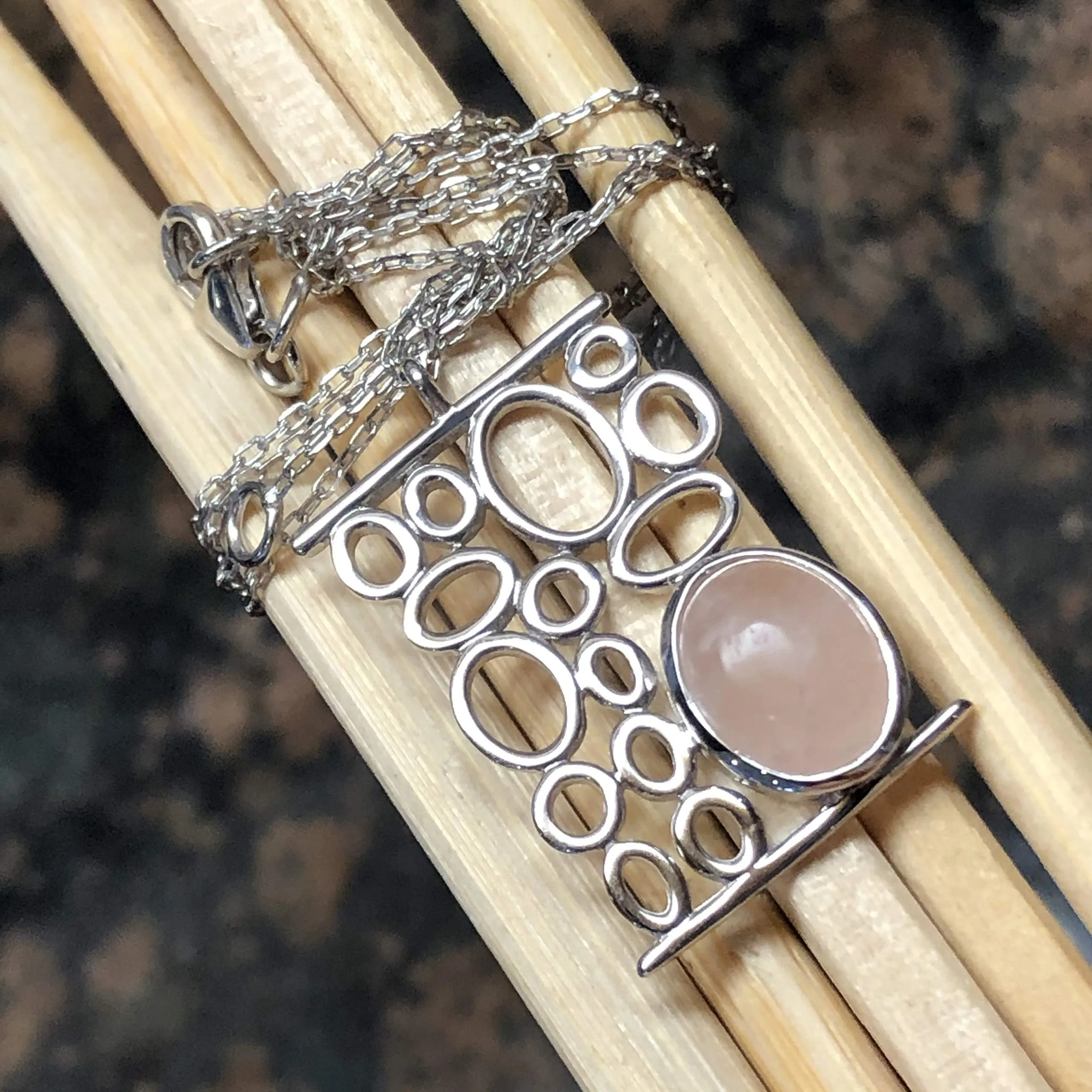 Natural Cabochan Pink Rose Quartz 925 Solid Sterling Silver Necklace 17"