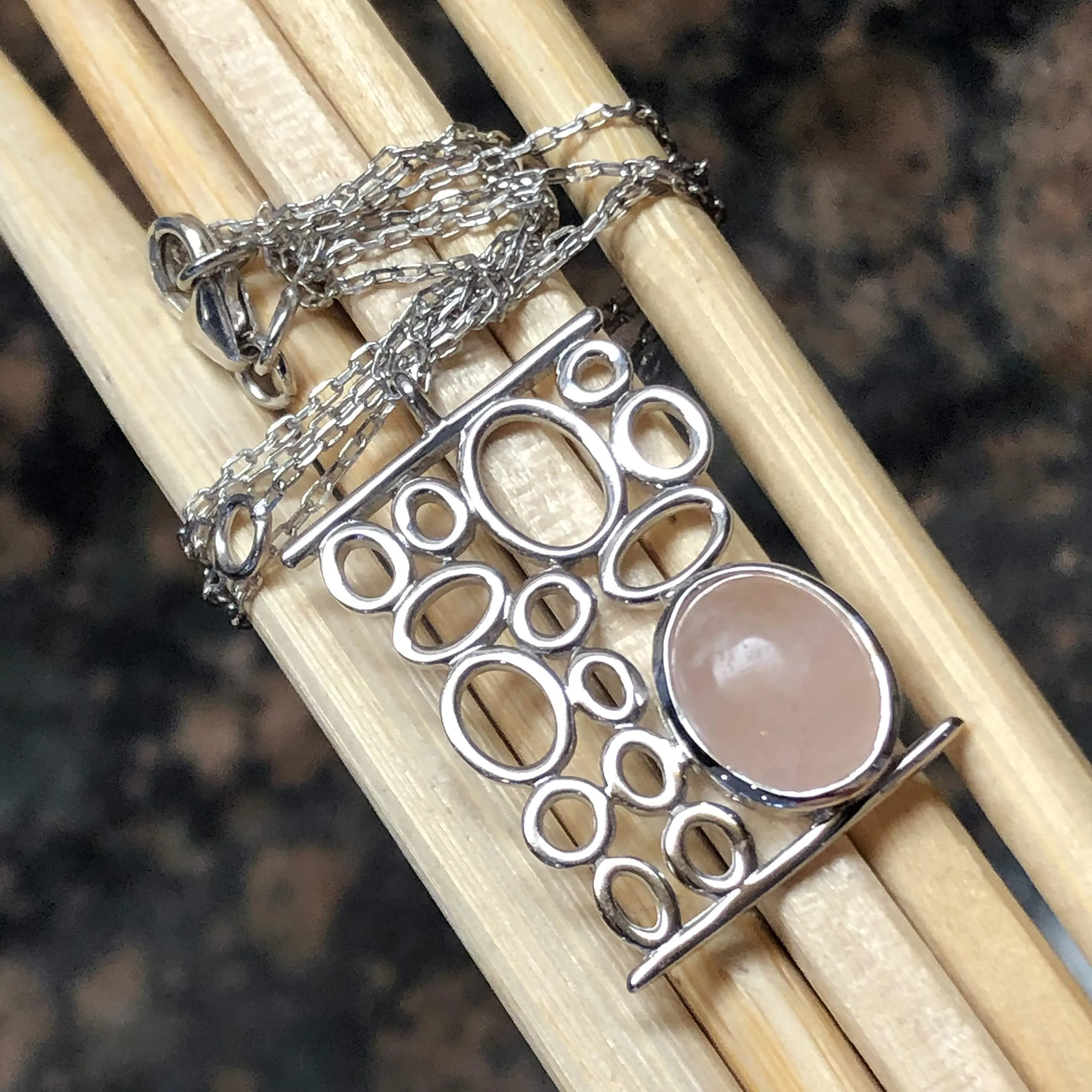 Natural Cabochan Pink Rose Quartz 925 Solid Sterling Silver Necklace 17"