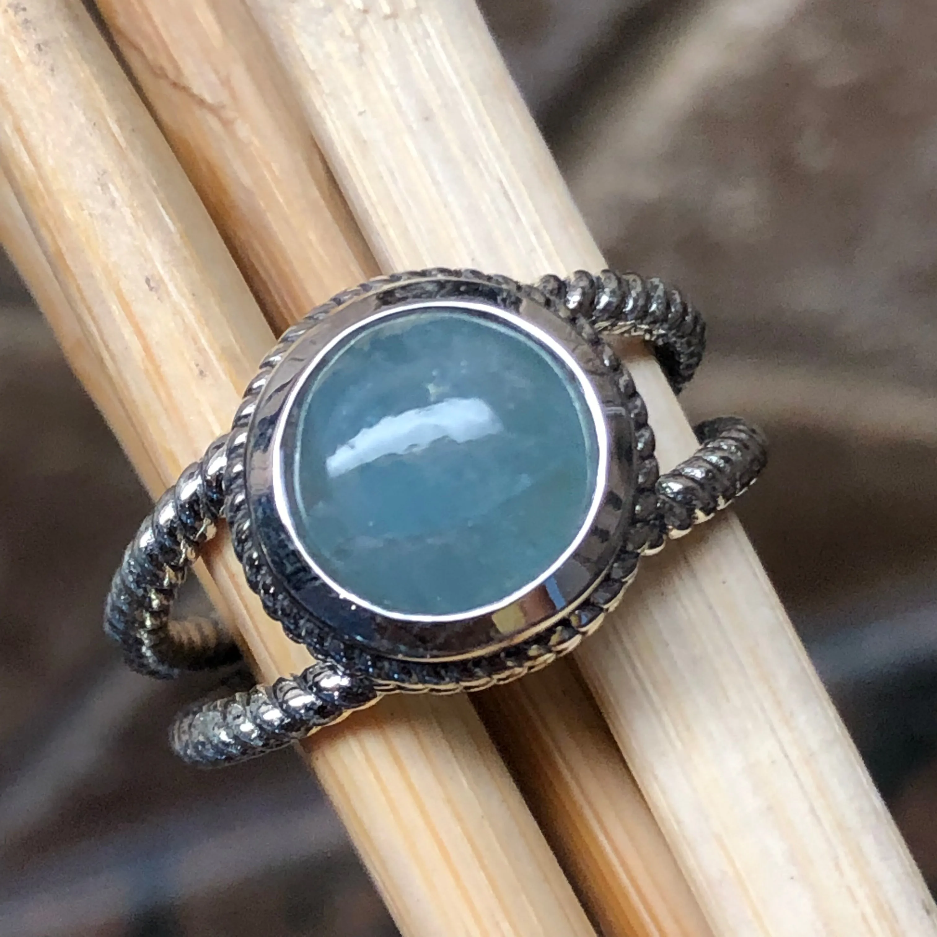 Natural Cabochon Aquamarine 925 Solid Sterling Silver Ring Size 7, 8