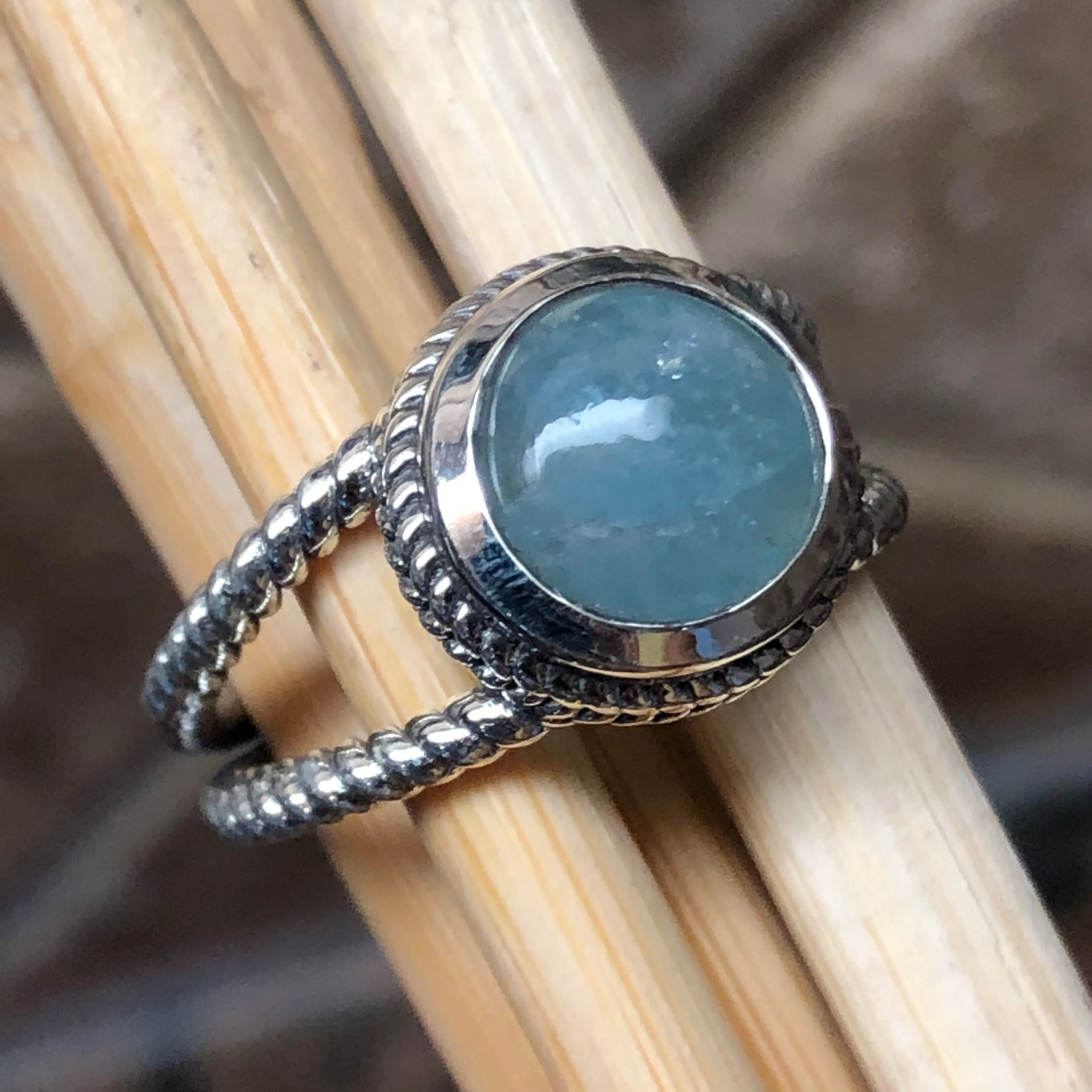 Natural Cabochon Aquamarine 925 Solid Sterling Silver Ring Size 7, 8