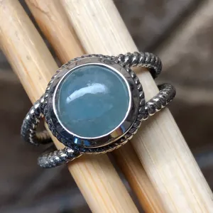 Natural Cabochon Aquamarine 925 Solid Sterling Silver Ring Size 7, 8