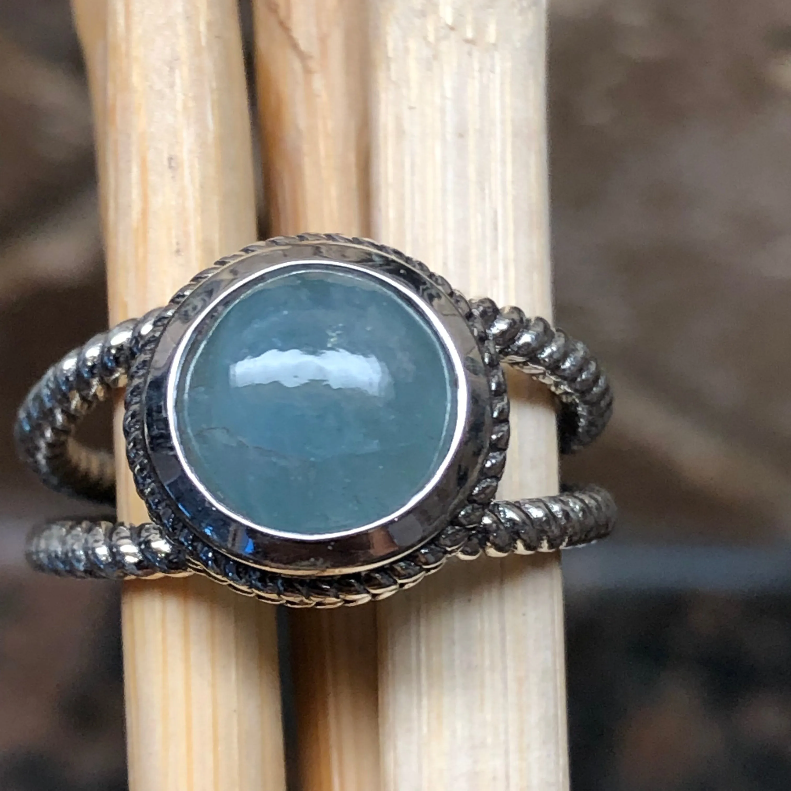 Natural Cabochon Aquamarine 925 Solid Sterling Silver Ring Size 7, 8