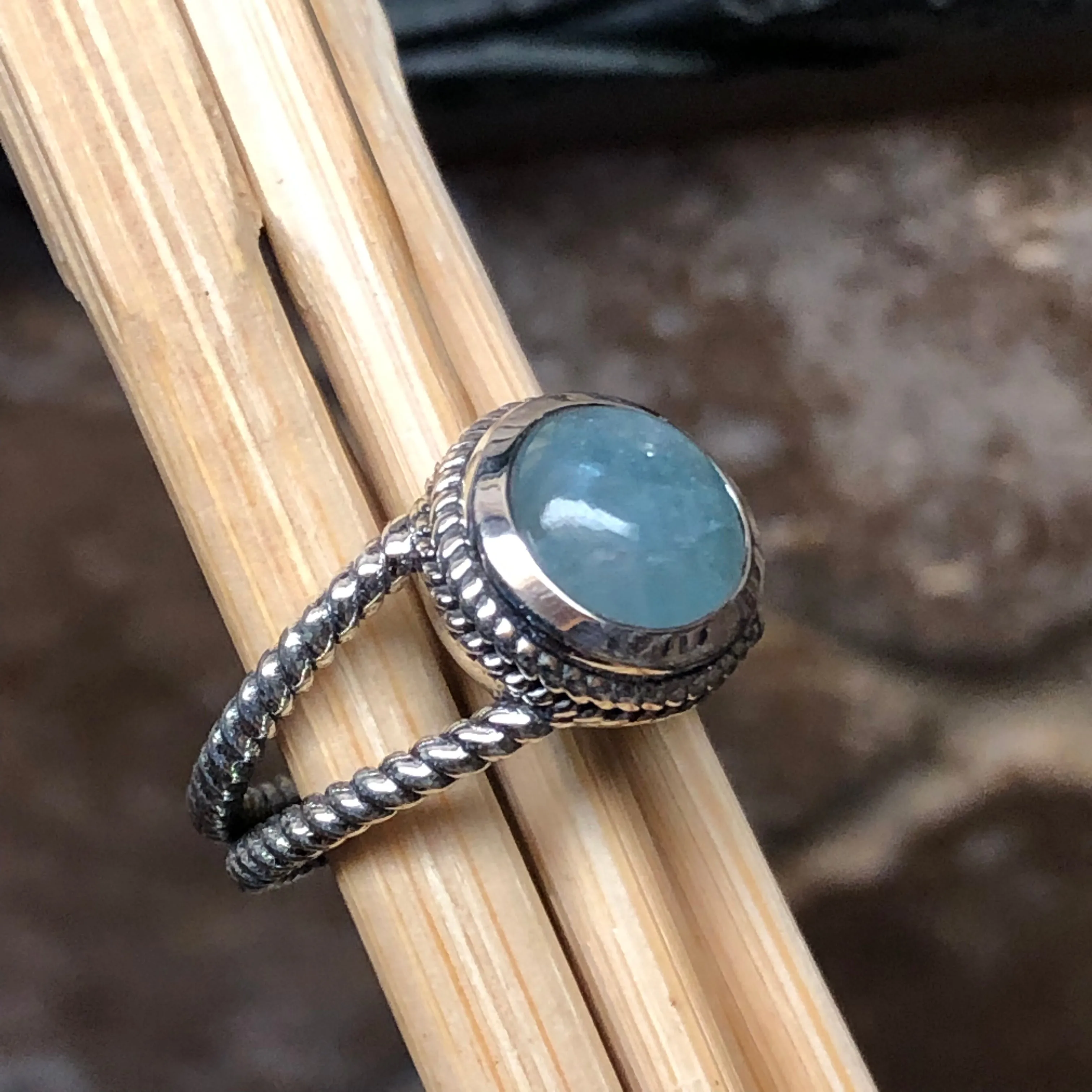 Natural Cabochon Aquamarine 925 Solid Sterling Silver Ring Size 7, 8