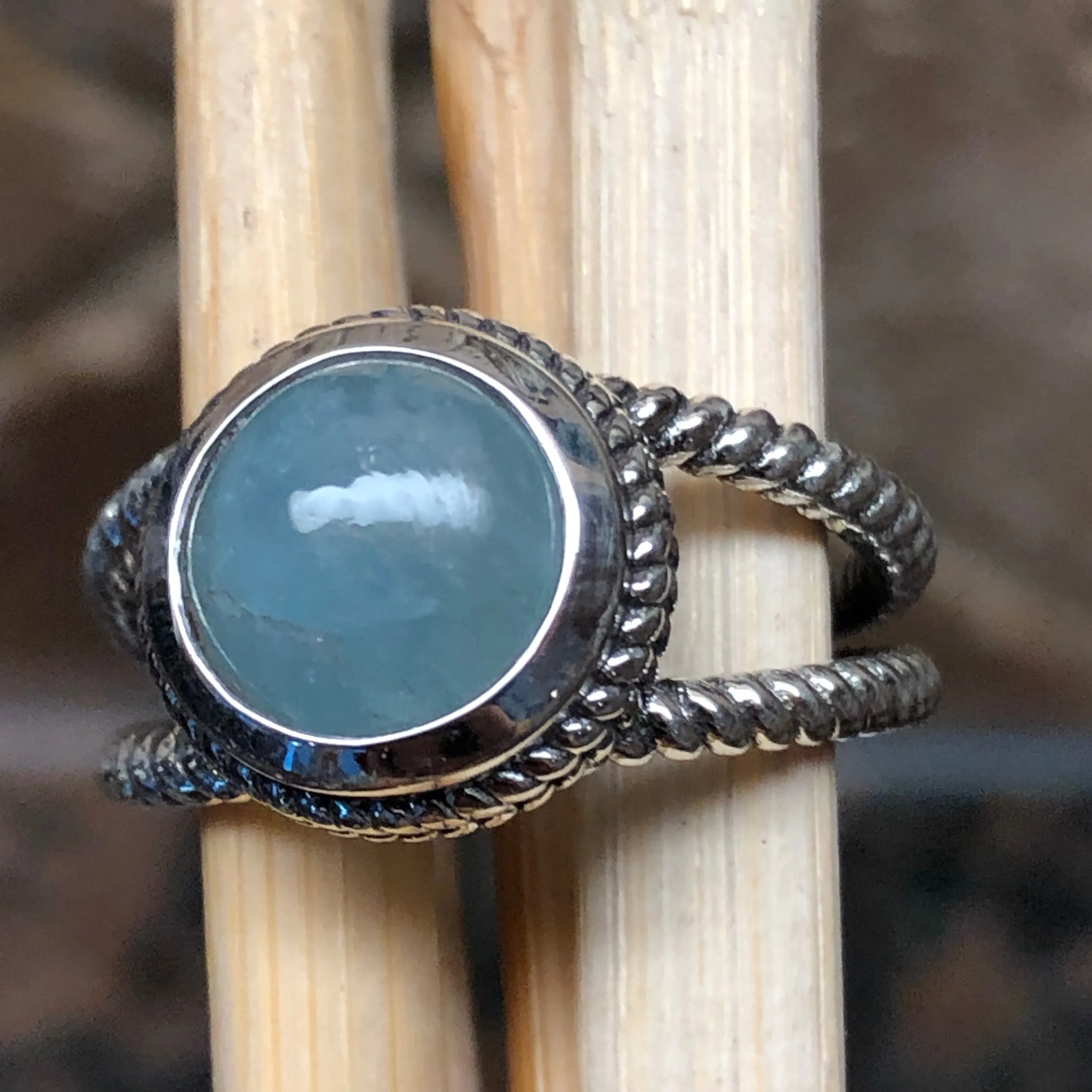 Natural Cabochon Aquamarine 925 Solid Sterling Silver Ring Size 7, 8