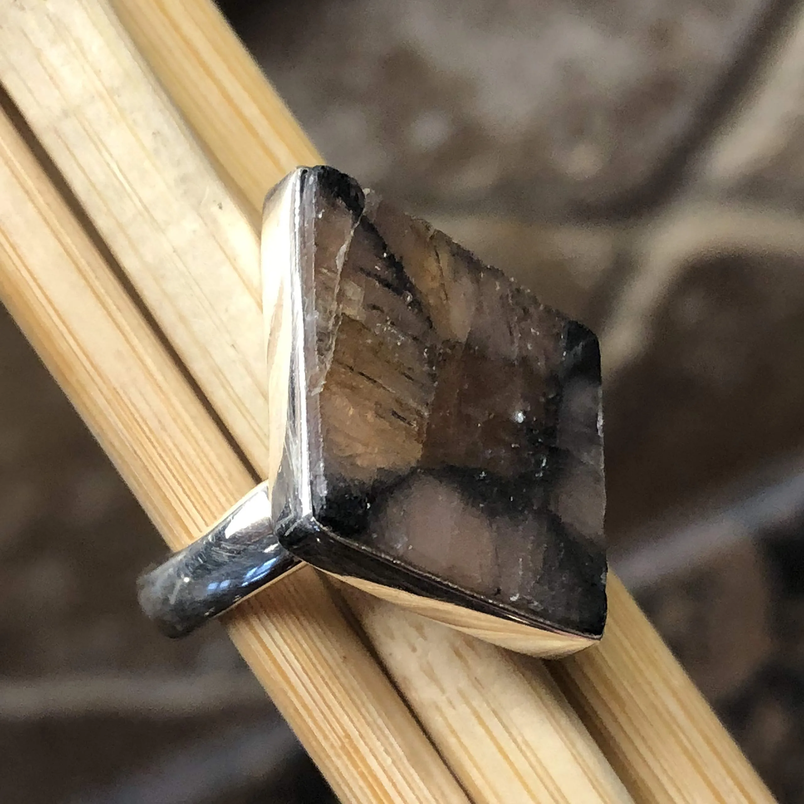 Natural Chiastolite 925 Solid Sterling Silver Ring Size 7