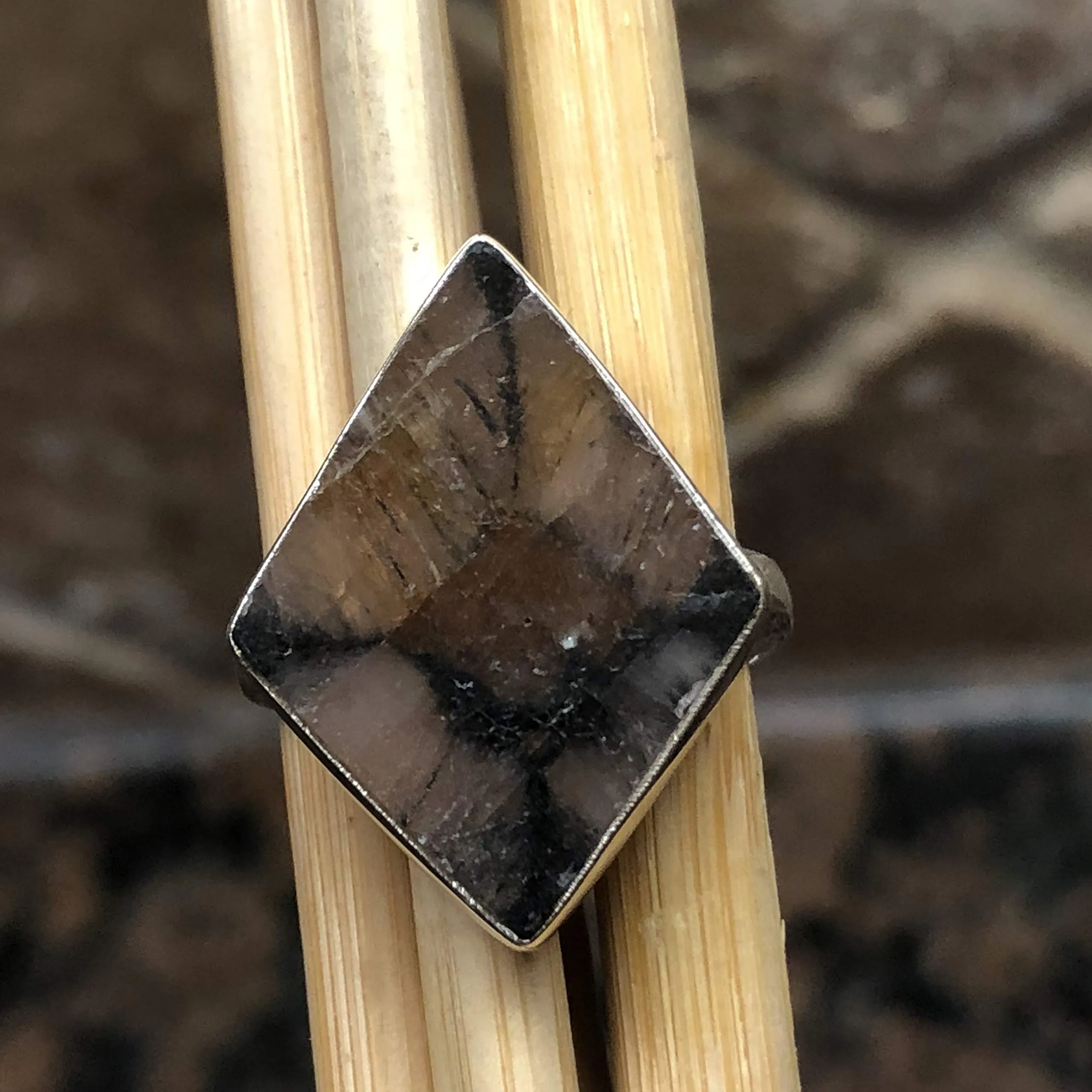 Natural Chiastolite 925 Solid Sterling Silver Ring Size 7