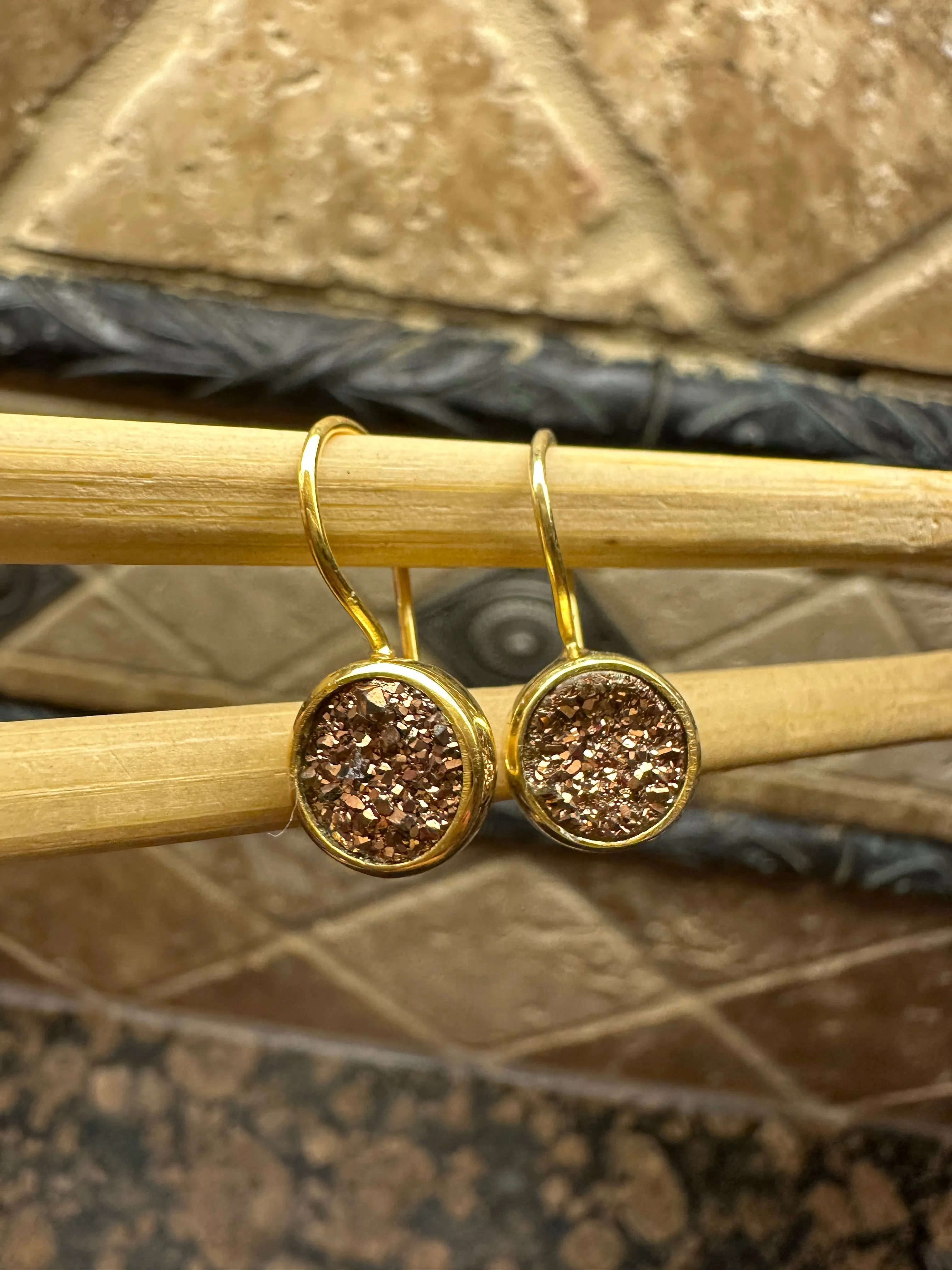 Natural Cluster Gold  Druzy 14k Vermeil Gold Earrings 25mm