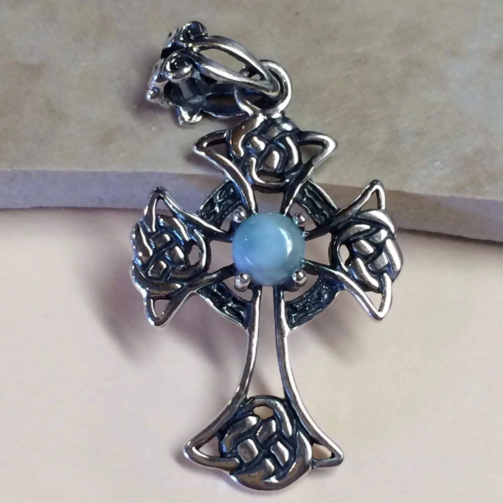 Natural Dominican Larimar 925 Solid Sterling Silver Cross Pendant 36mm