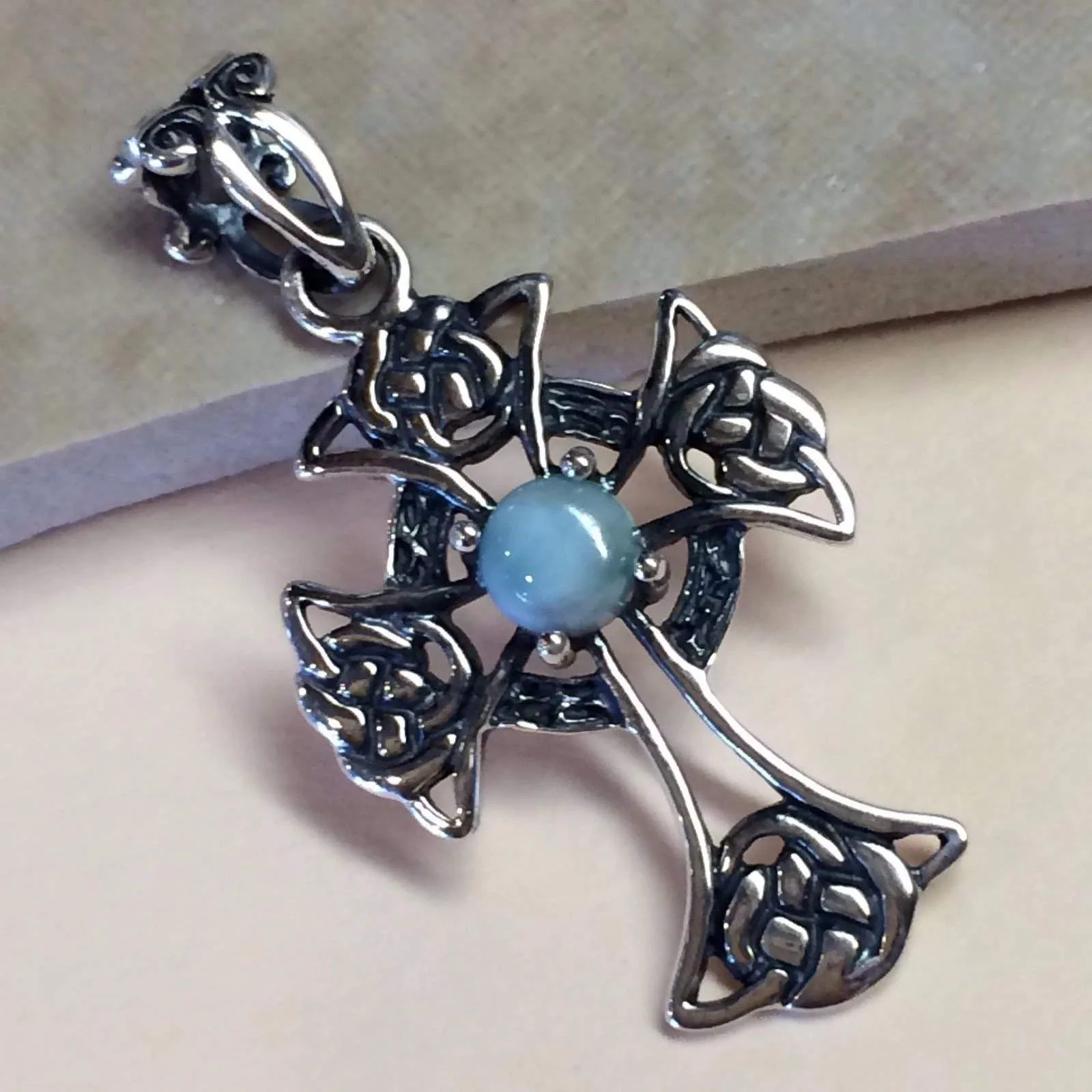 Natural Dominican Larimar 925 Solid Sterling Silver Cross Pendant 36mm