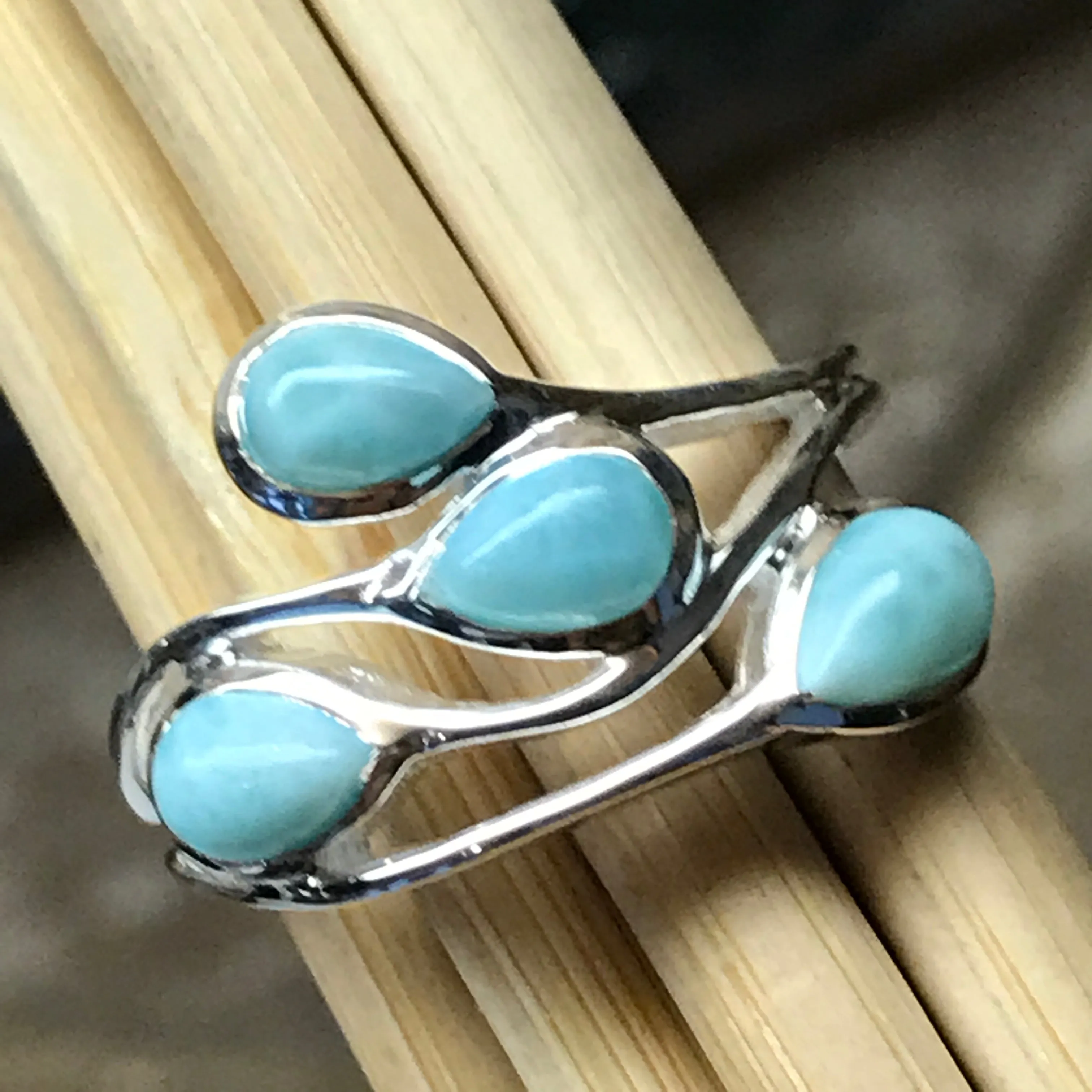 Natural Dominican Larimar 925 Solid Sterling Silver Stackable Ring Size 6, 8, 9