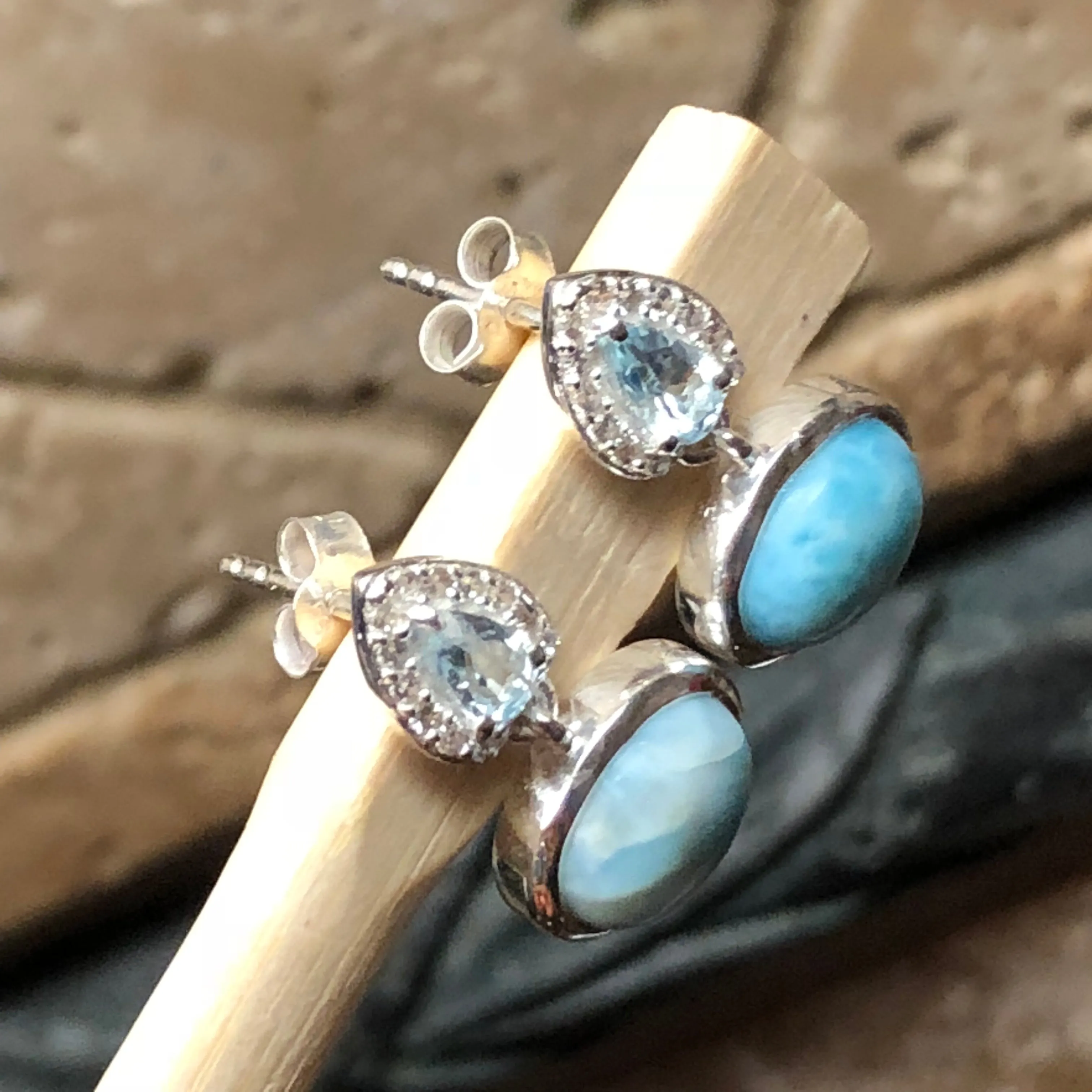 Natural Dominican Larimar, Blue Topaz 925 Solid Sterling Silver Earrings 15mm