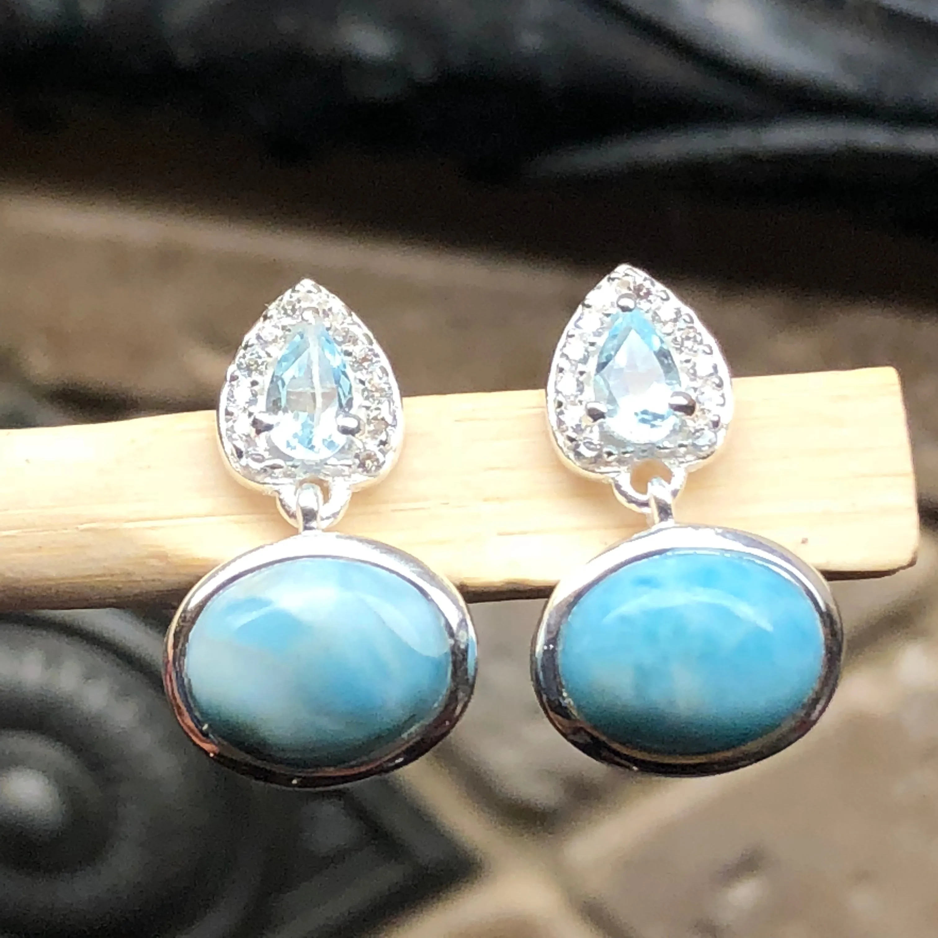 Natural Dominican Larimar, Blue Topaz 925 Solid Sterling Silver Earrings 15mm
