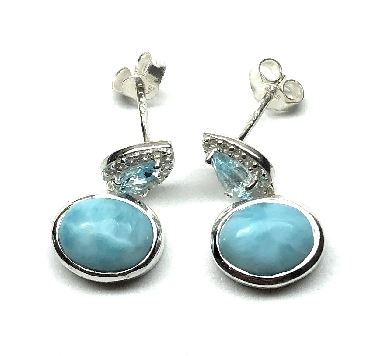 Natural Dominican Larimar, Blue Topaz 925 Solid Sterling Silver Earrings 15mm