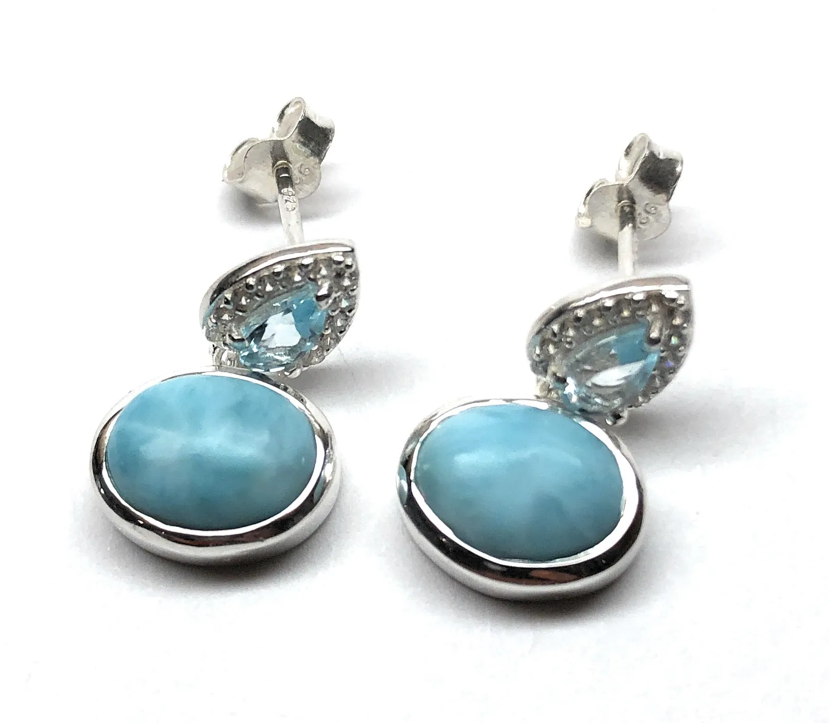 Natural Dominican Larimar, Blue Topaz 925 Solid Sterling Silver Earrings 15mm