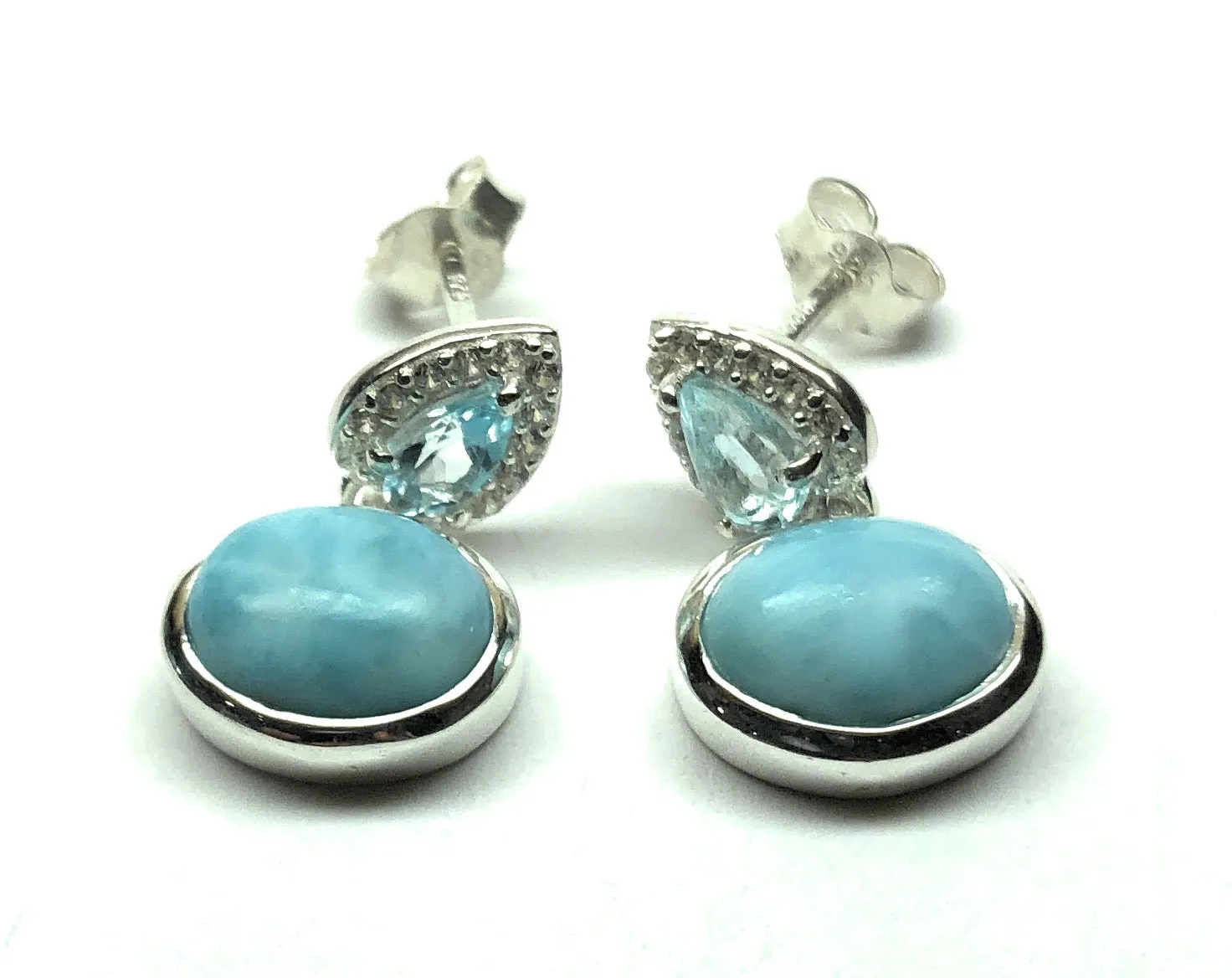 Natural Dominican Larimar, Blue Topaz 925 Solid Sterling Silver Earrings 15mm