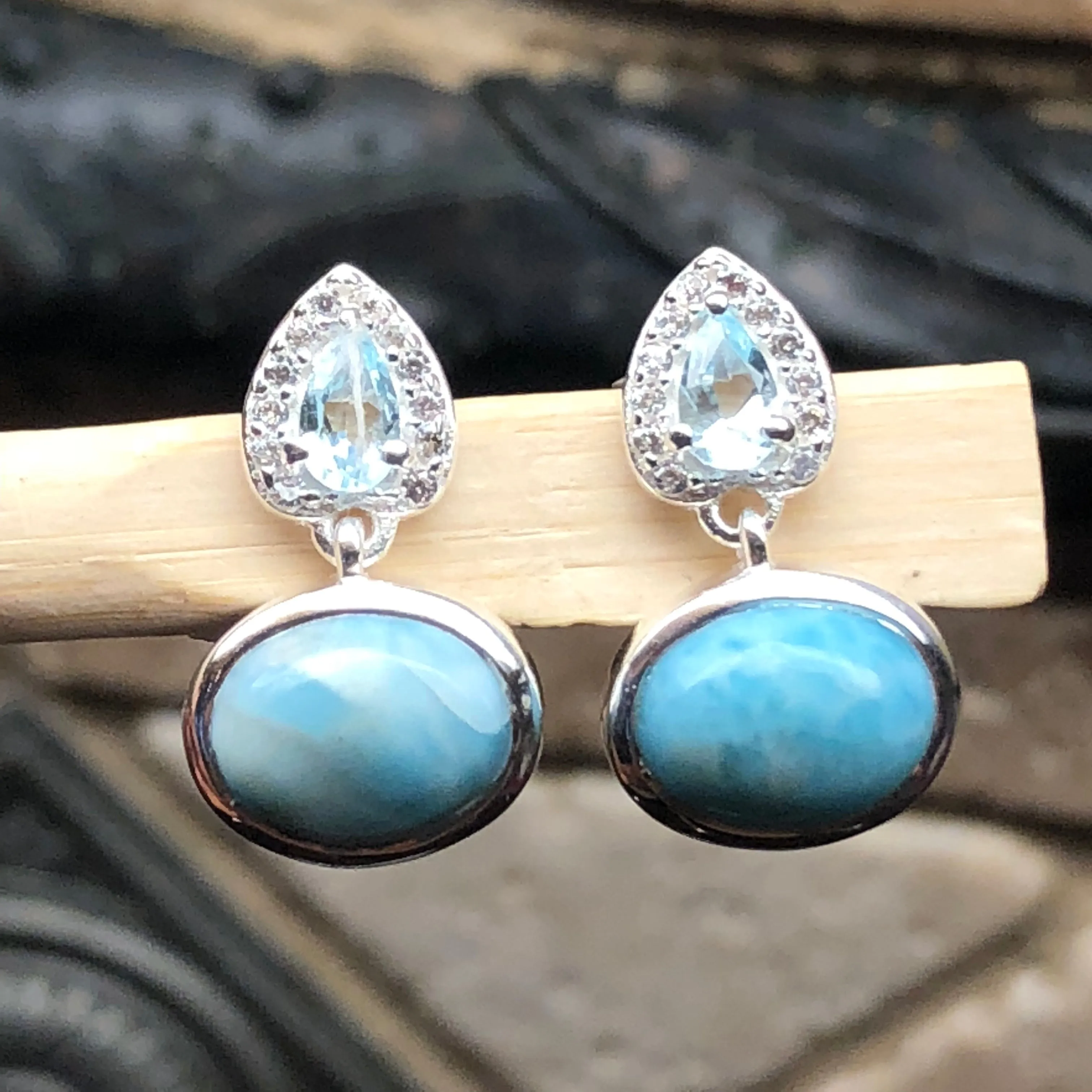 Natural Dominican Larimar, Blue Topaz 925 Solid Sterling Silver Earrings 15mm
