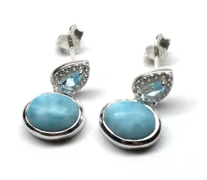 Natural Dominican Larimar, Blue Topaz 925 Solid Sterling Silver Earrings 15mm