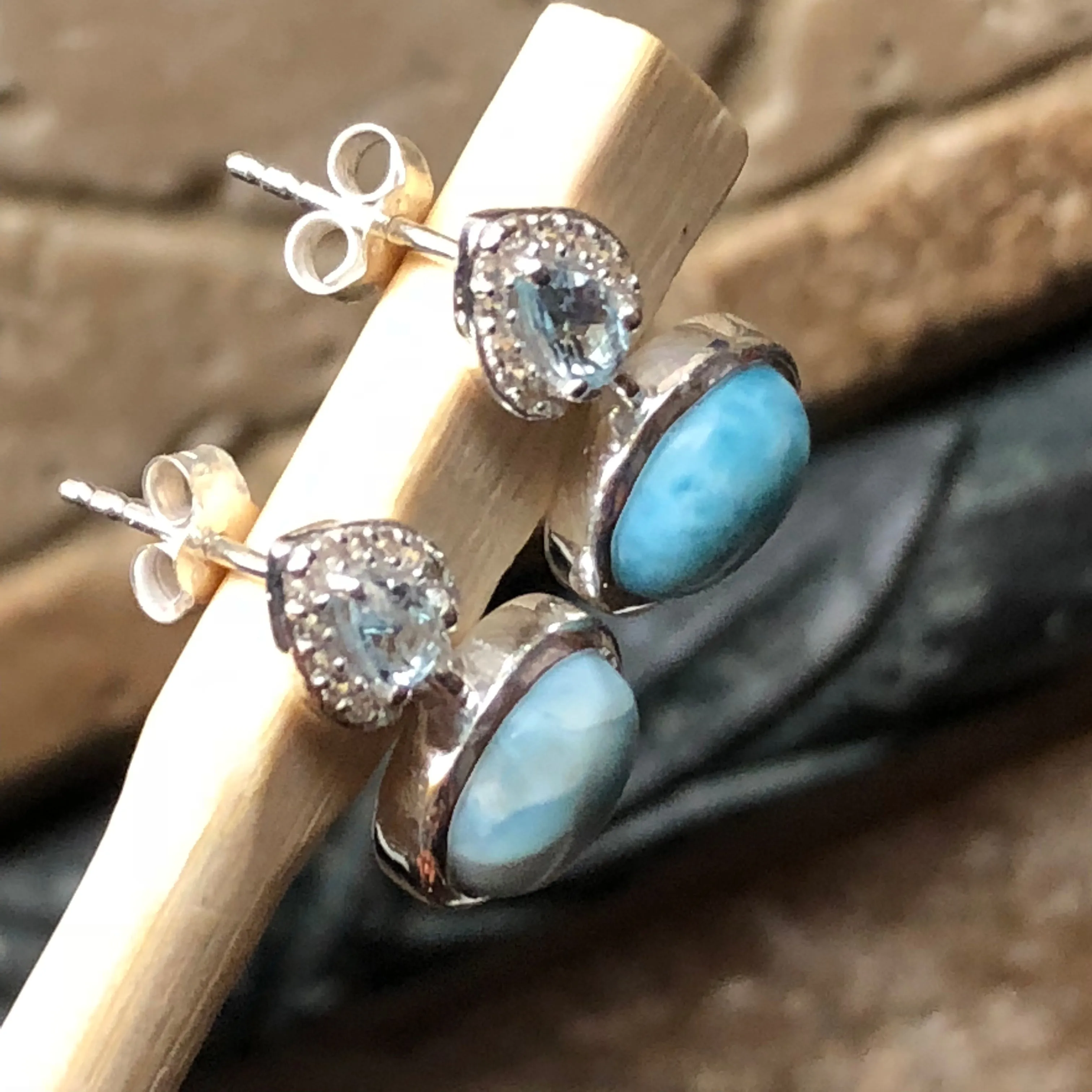 Natural Dominican Larimar, Blue Topaz 925 Solid Sterling Silver Earrings 15mm