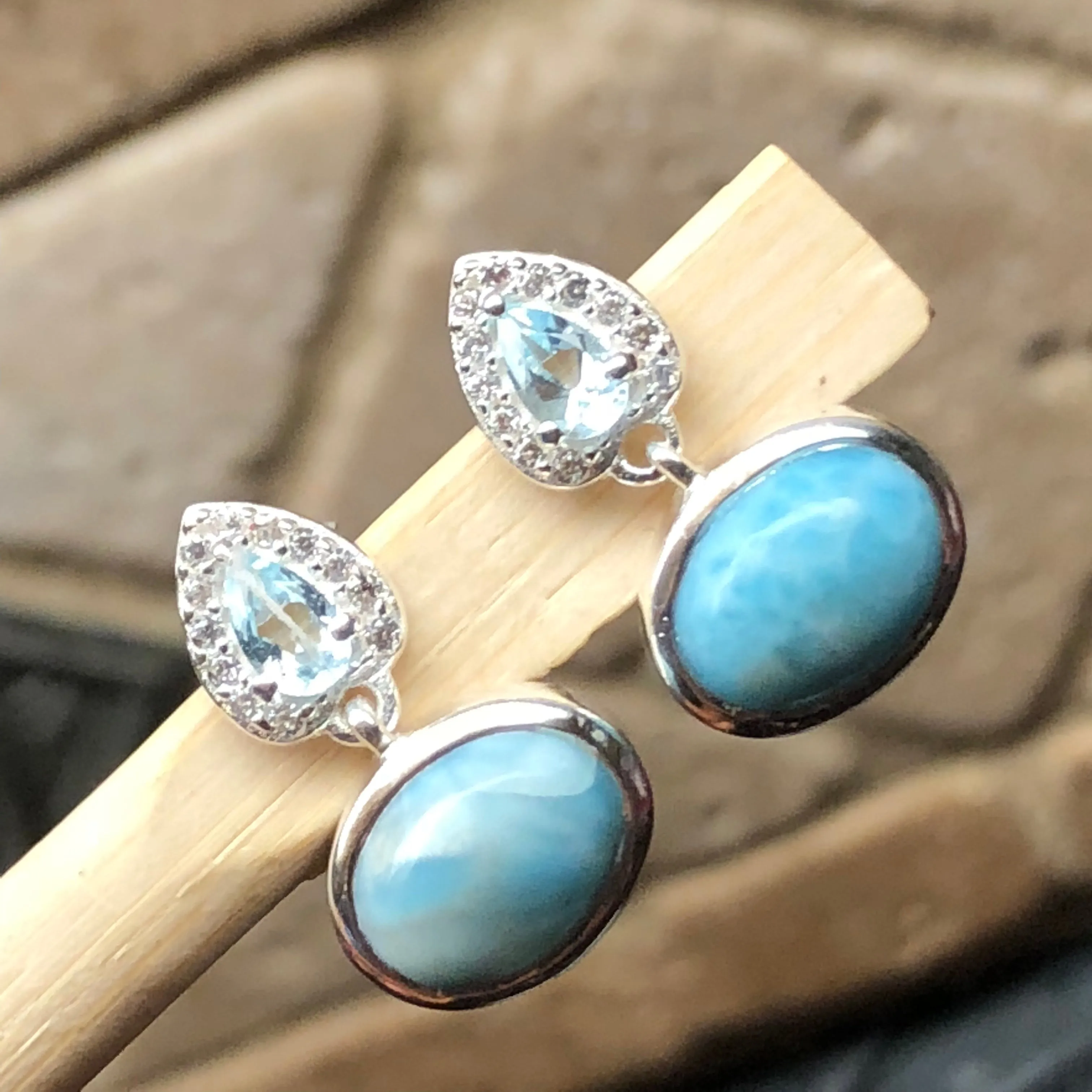 Natural Dominican Larimar, Blue Topaz 925 Solid Sterling Silver Earrings 15mm