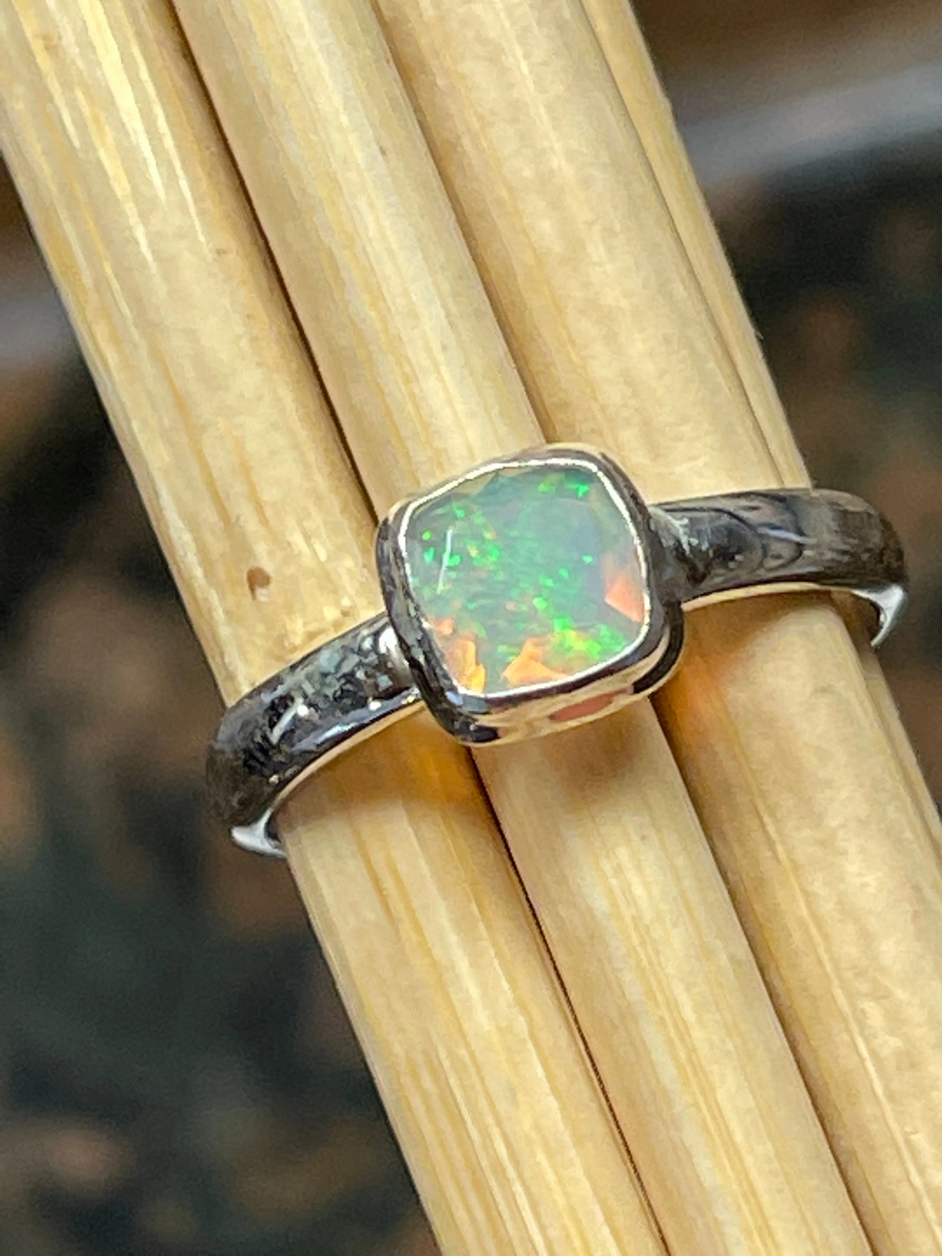 Natural Ethiopian Opal 925 Solid Sterling Silver Engagement Ring Size 7.75