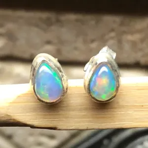 Natural Ethiopian Opal 925 Solid Sterling Silver Stud Earrings 7mm