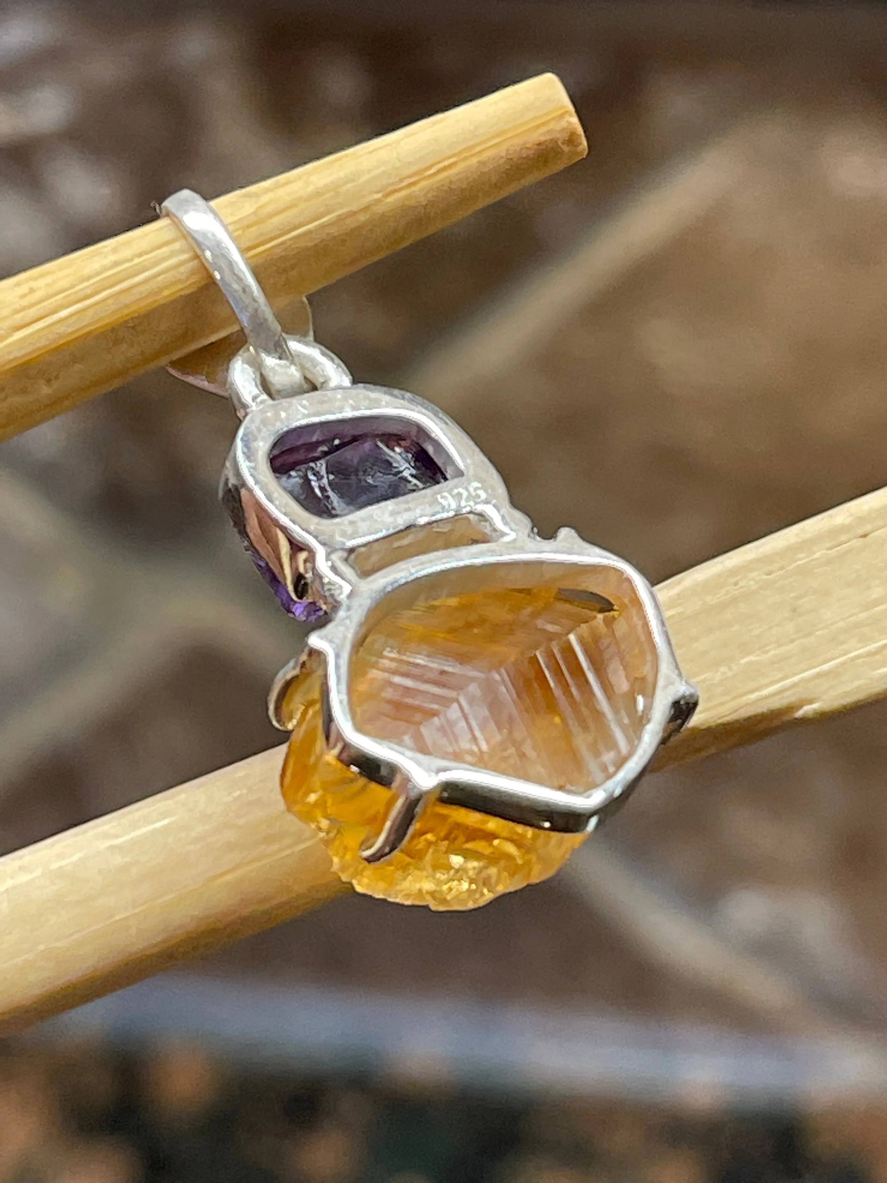 Natural Golden Citrine, Amethyst 925 Solid Sterling Silver Pendant 30mm