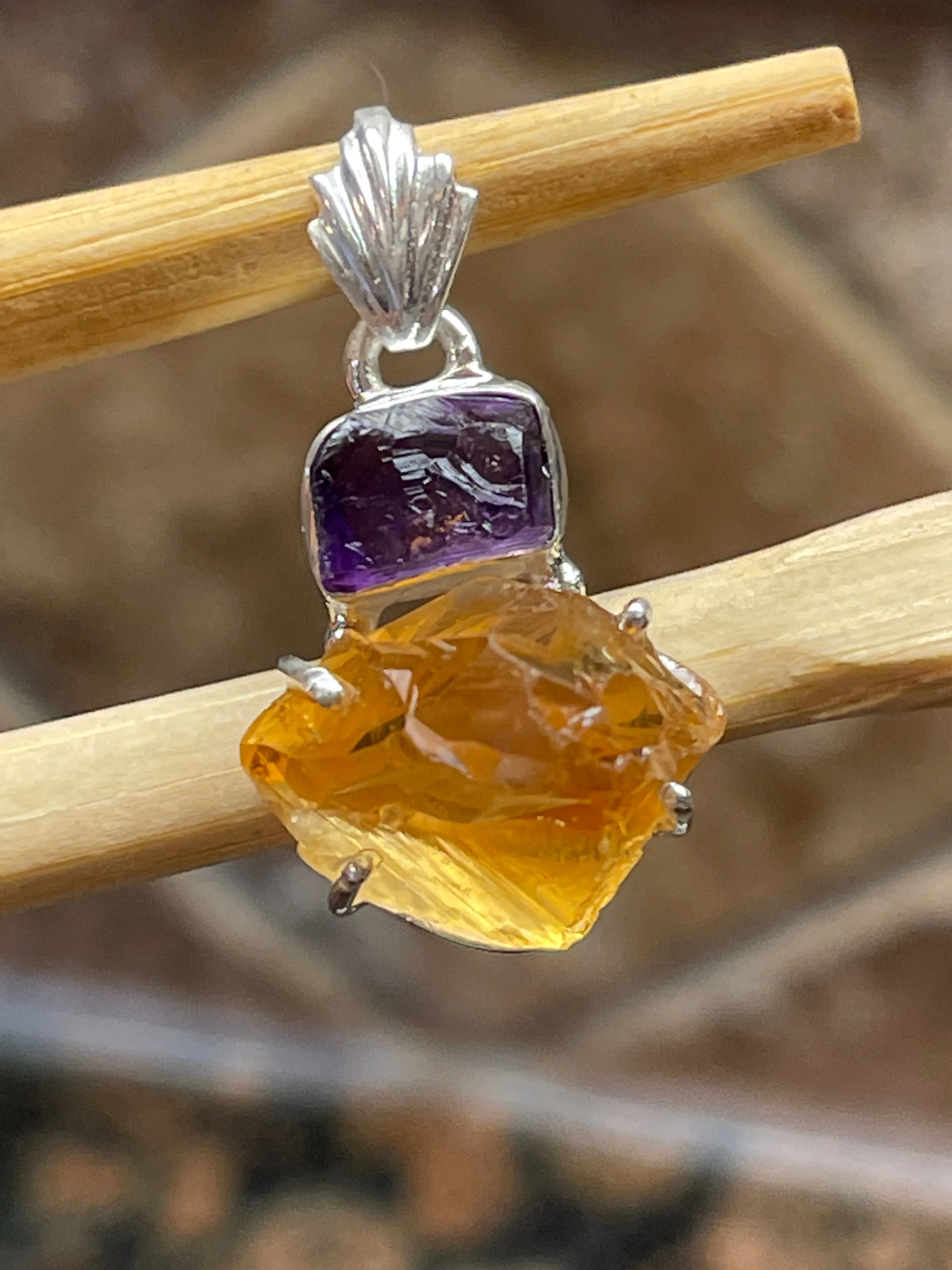 Natural Golden Citrine, Amethyst 925 Solid Sterling Silver Pendant 30mm