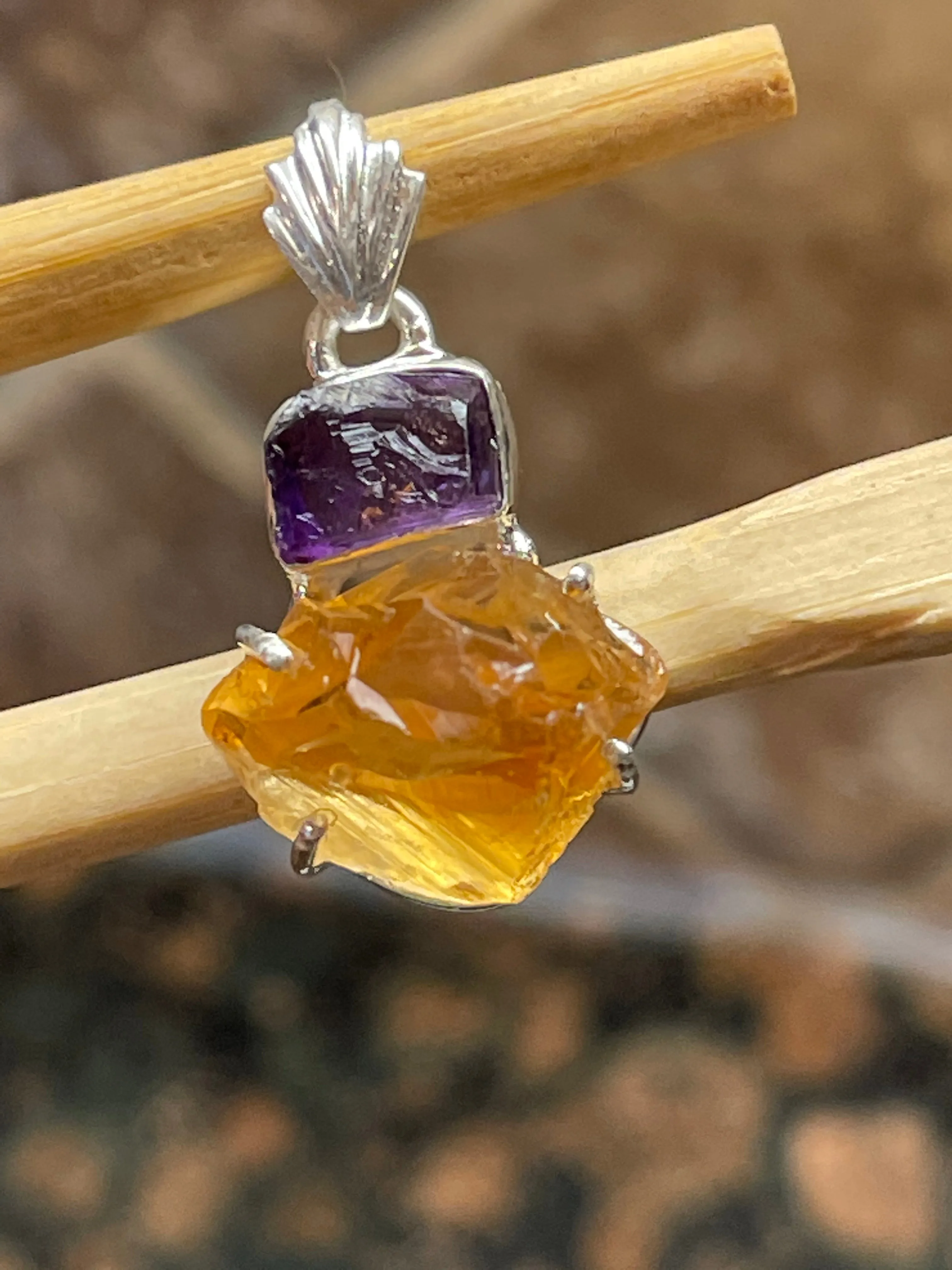 Natural Golden Citrine, Amethyst 925 Solid Sterling Silver Pendant 30mm