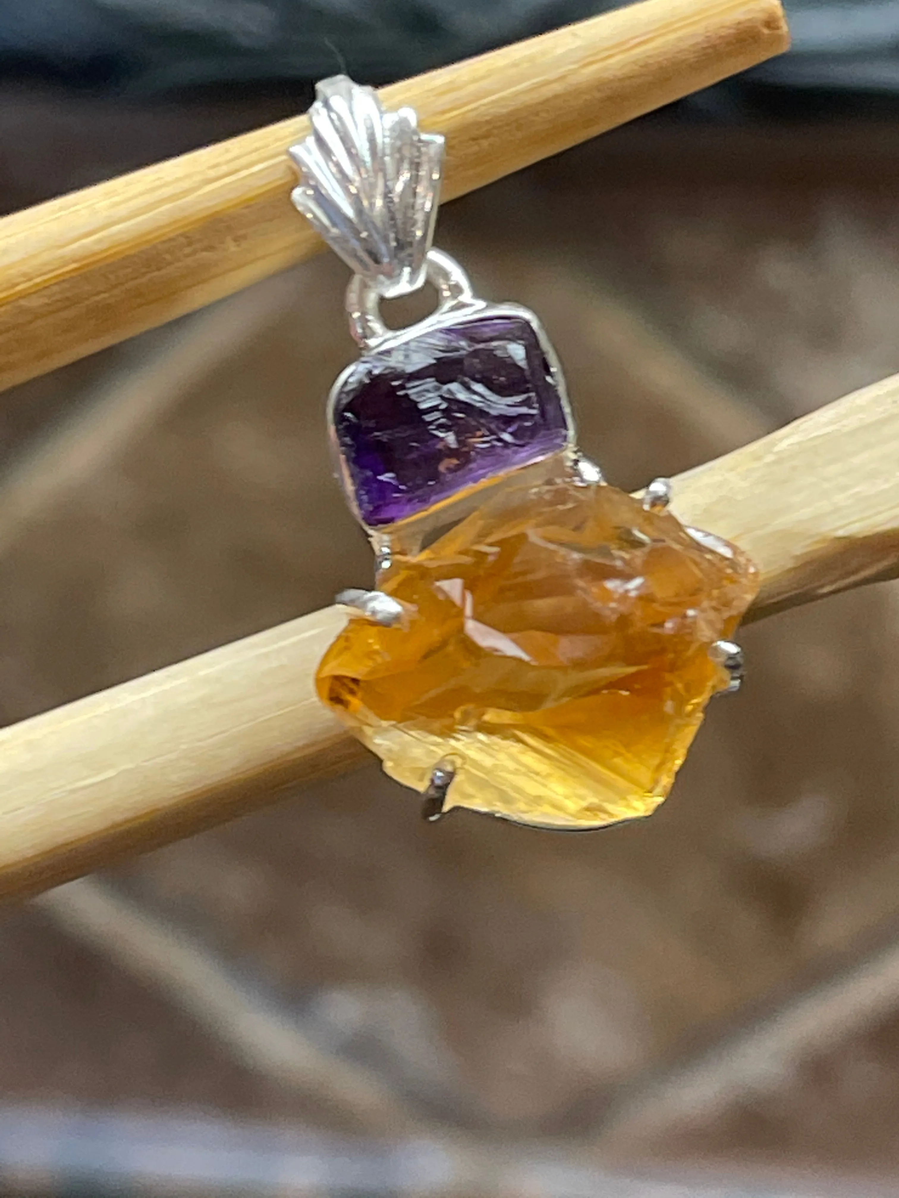 Natural Golden Citrine, Amethyst 925 Solid Sterling Silver Pendant 30mm