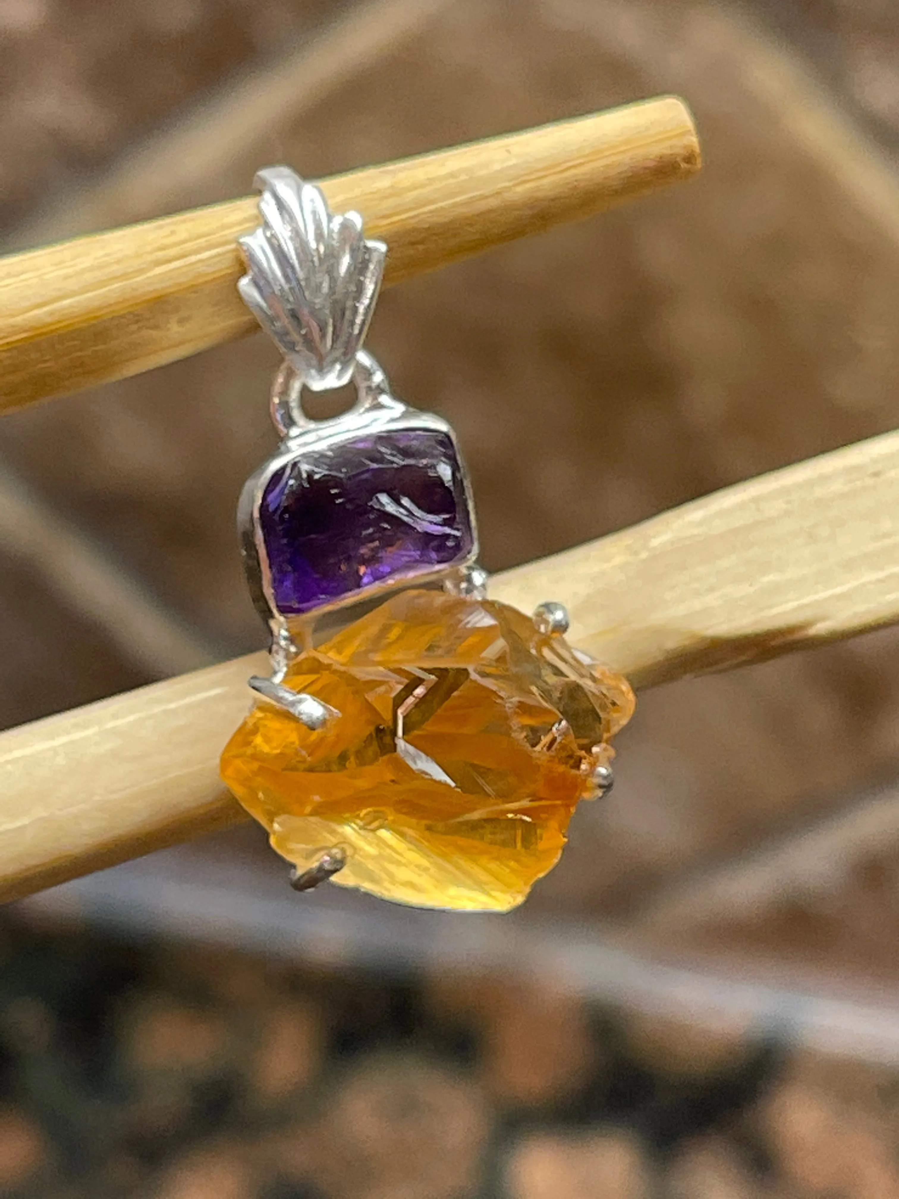 Natural Golden Citrine, Amethyst 925 Solid Sterling Silver Pendant 30mm